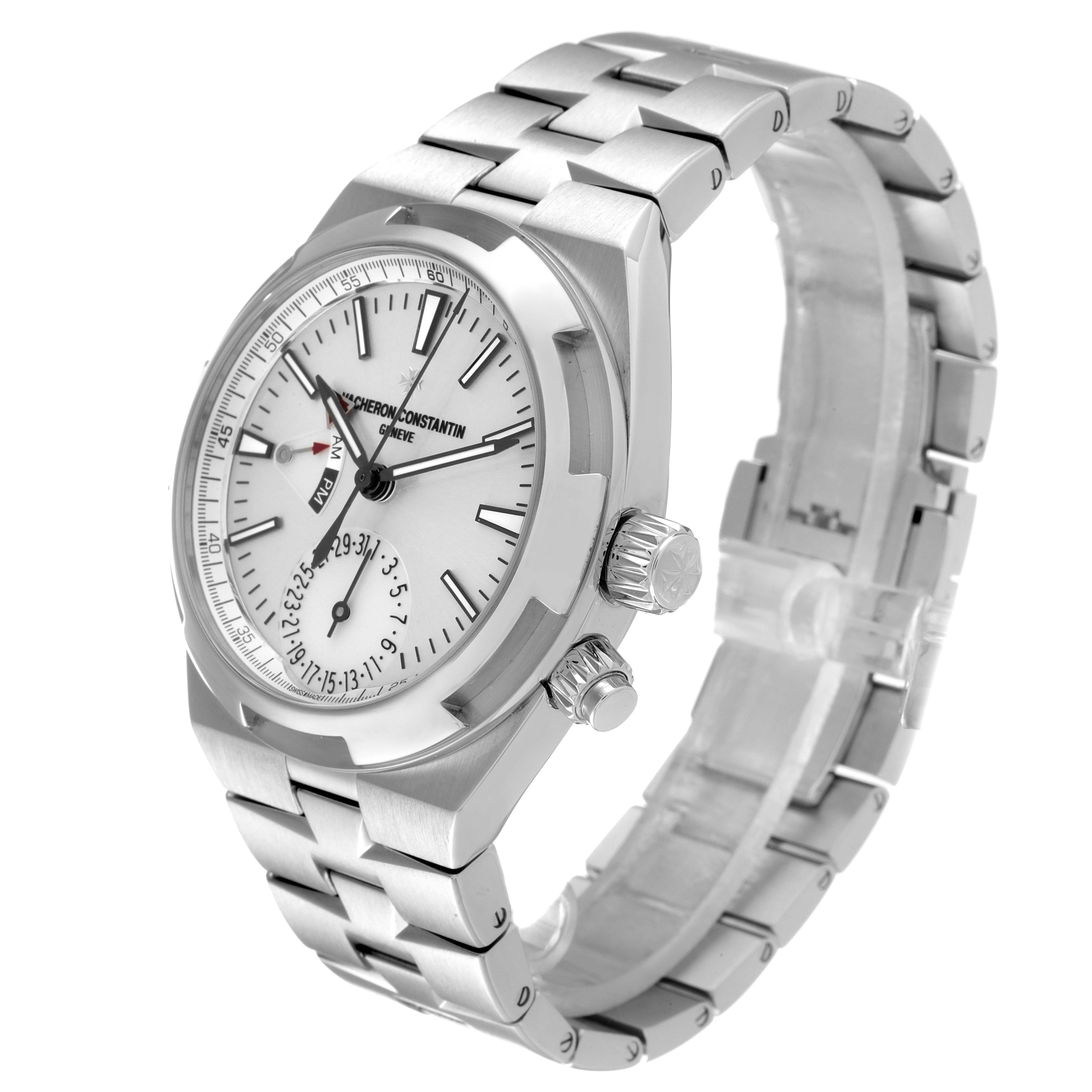 The Vacheron Constantin Overseas 7900V/110A-B333 Men's Stainless Steel Silver Dial 7900V/110A-B333 Men's Stainless Steel Silver Dial watch is shown at a three-quarter angle, highlighting its face, crown, and stainless steel bracelet.