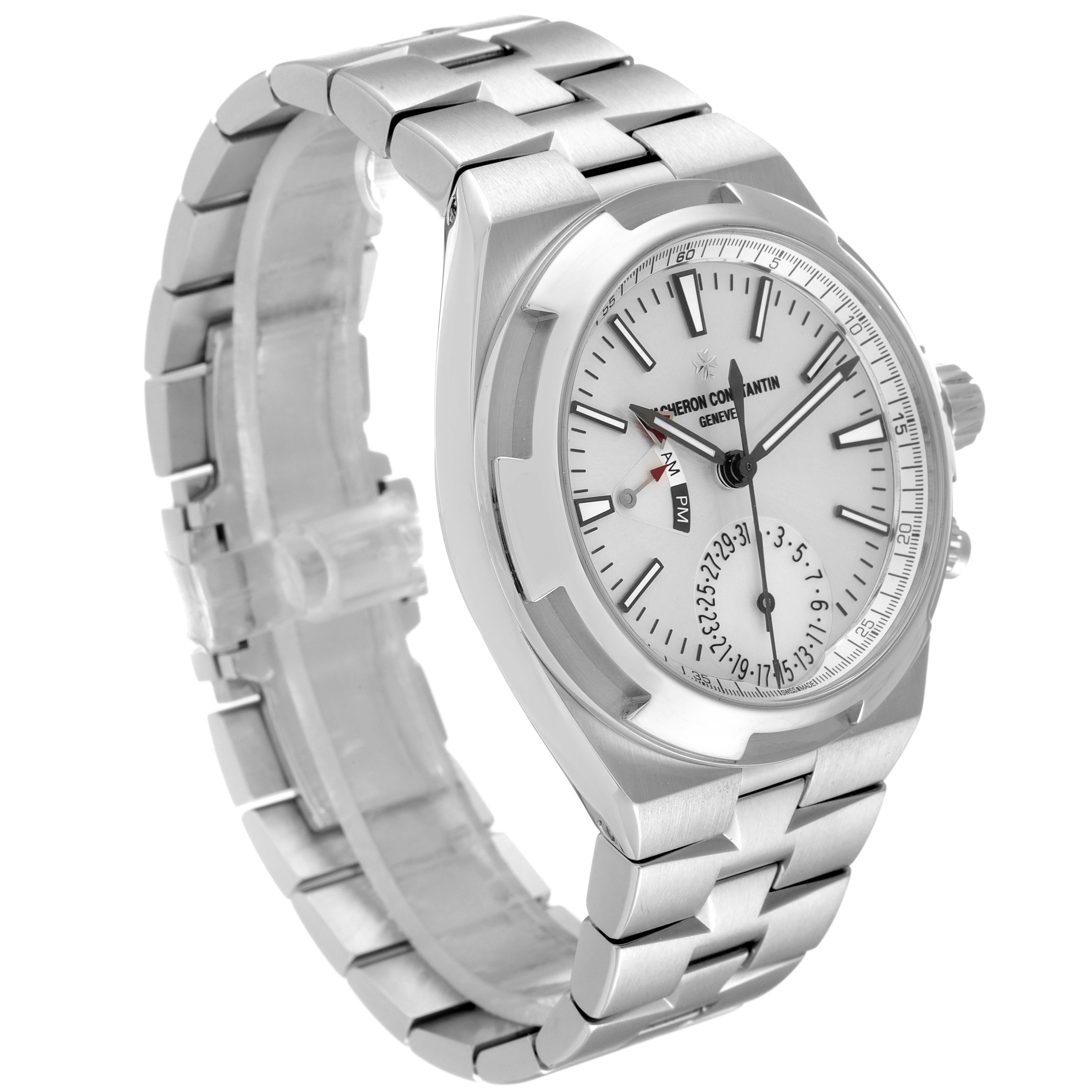This Vacheron Constantin Overseas 7900V/110A-B333 Men's Stainless Steel Silver Dial 7900V/110A-B333 Men's Stainless Steel Silver Dial model watch is shown at a three-quarter angle, displaying the dial, crown, and bracelet.