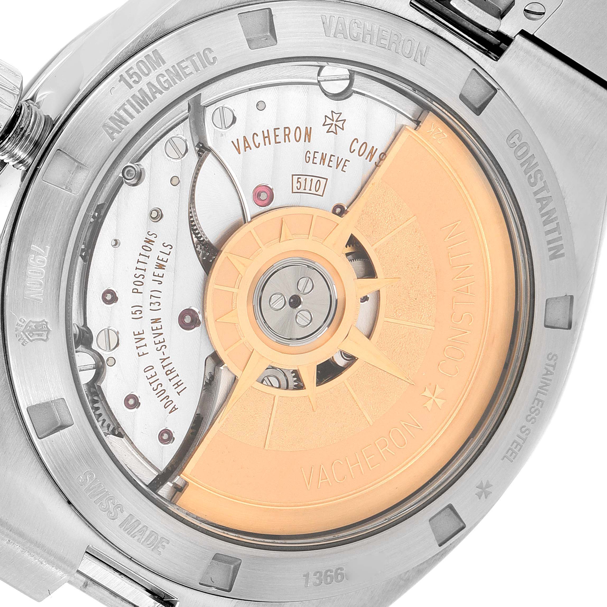 This image shows the back of a Vacheron Constantin Overseas 7900V/110A-B333 Men's Stainless Steel Silver Dial 7900V/110A-B333 Men's Stainless Steel Silver Dial watch, highlighting the automatic movement and rotor.
