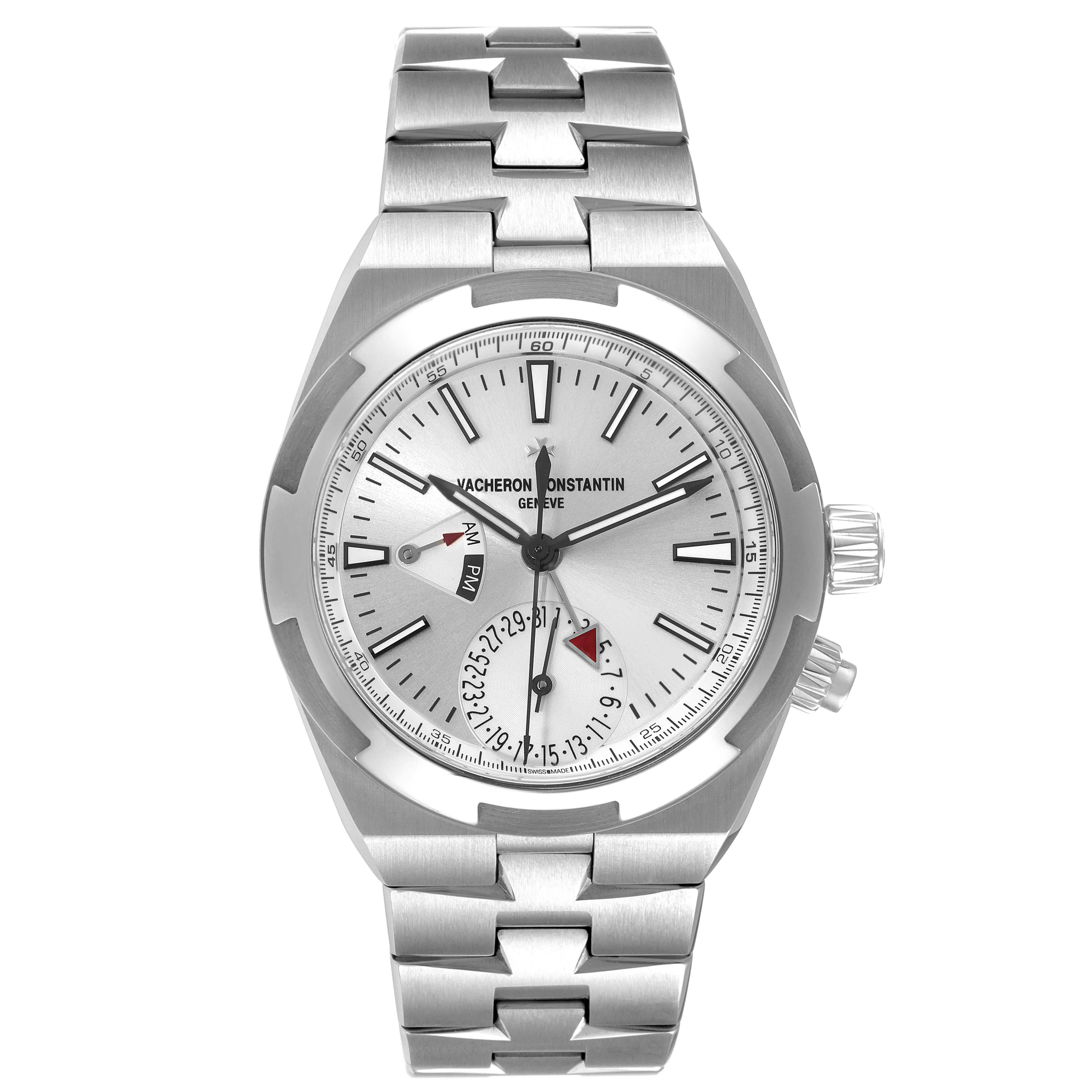 The image shows a frontal view of the Vacheron Constantin Overseas 7900V/110A-B333 Men's Stainless Steel Silver Dial 7900V/110A-B333 Men's Stainless Steel Silver Dial watch, displaying its face, bezel, and bracelet.
