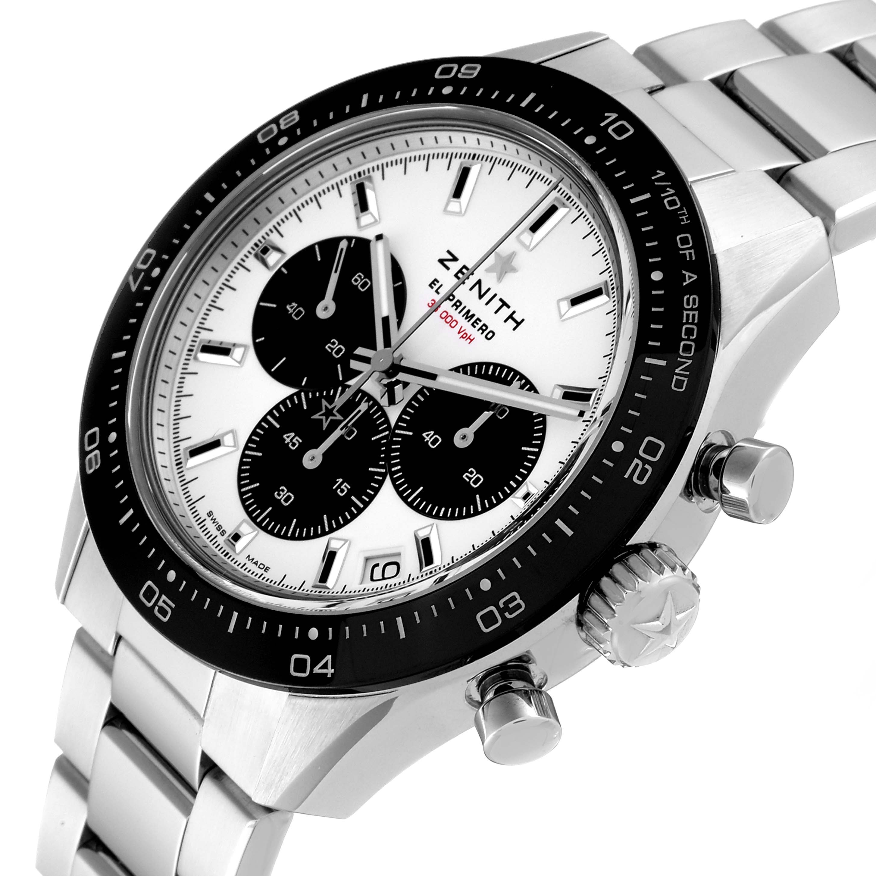 The Zenith Chronomaster 03.3102.3600/02.M3100 Men's Stainless Steel White Dial 03.3102.3600/02.M3100 Men's Stainless Steel White Dial watch is shown at an angle highlighting the face, bezel, crown, and part of the bracelet.