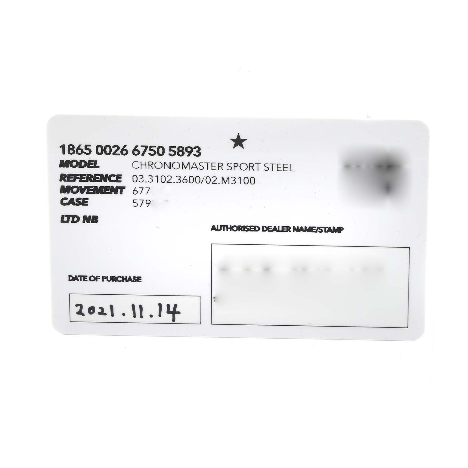 The image shows the warranty card for a Chronomaster Sport Steel model by Zenith.