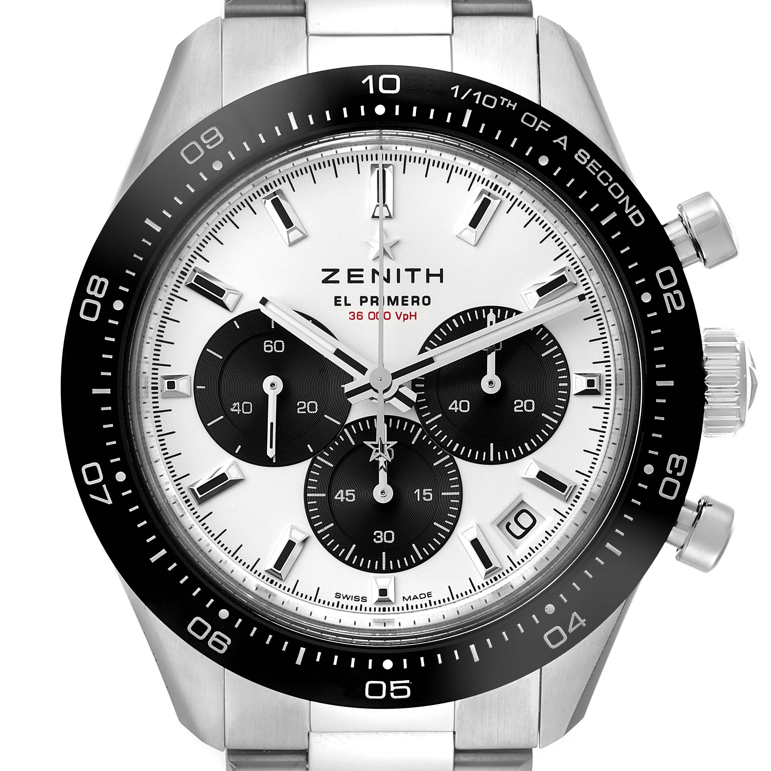 The Zenith Chronomaster 03.3102.3600/02.M3100 Men's Stainless Steel White Dial 03.3102.3600/02.M3100 Men's Stainless Steel White Dial watch is shown from a front angle, highlighting its dial, bezel, subdials, and pushers.