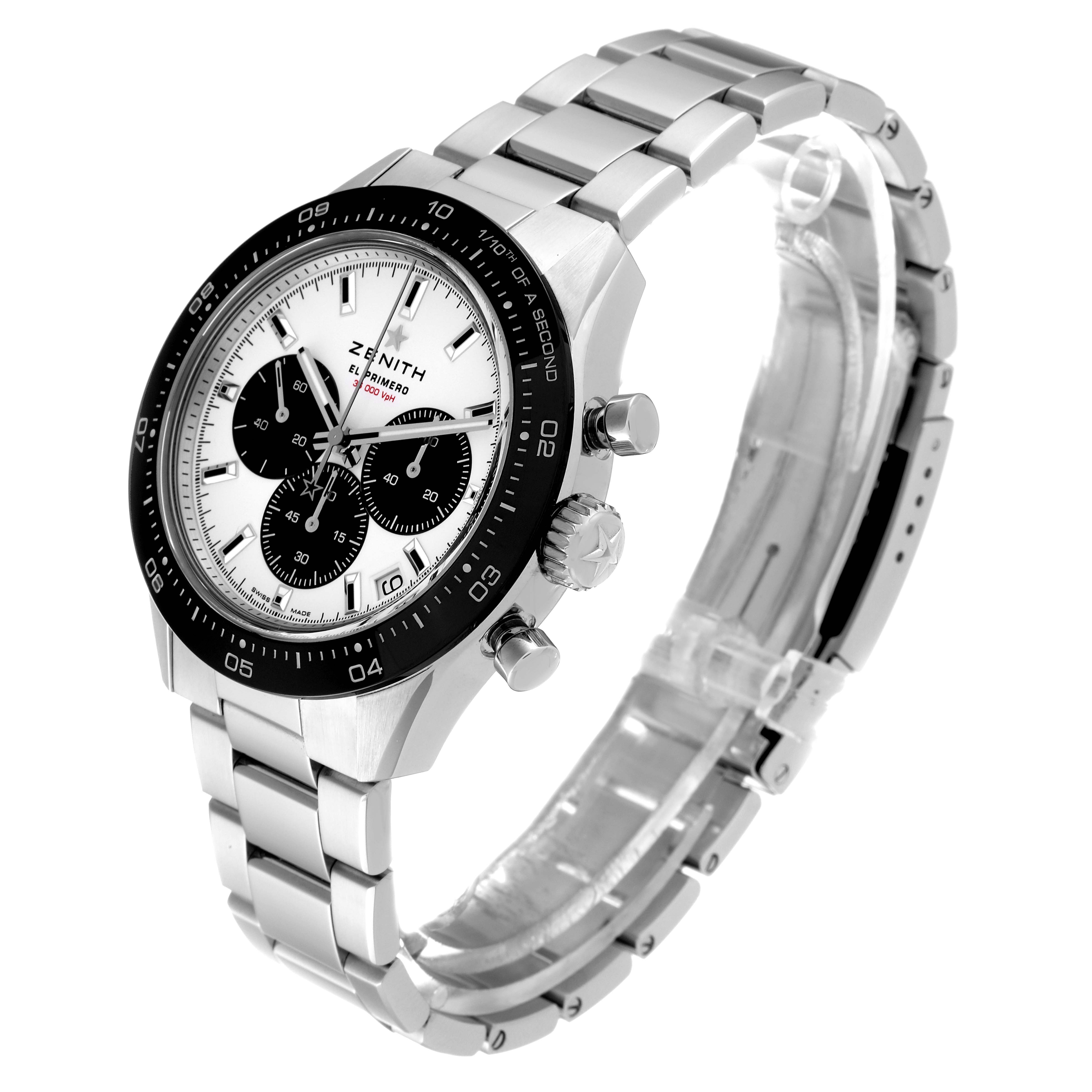 The image shows a Zenith Chronomaster 03.3102.3600/02.M3100 Men's Stainless Steel White Dial 03.3102.3600/02.M3100 Men's Stainless Steel White Dial watch at a three-quarter angle, highlighting the face, bezel, and bracelet.