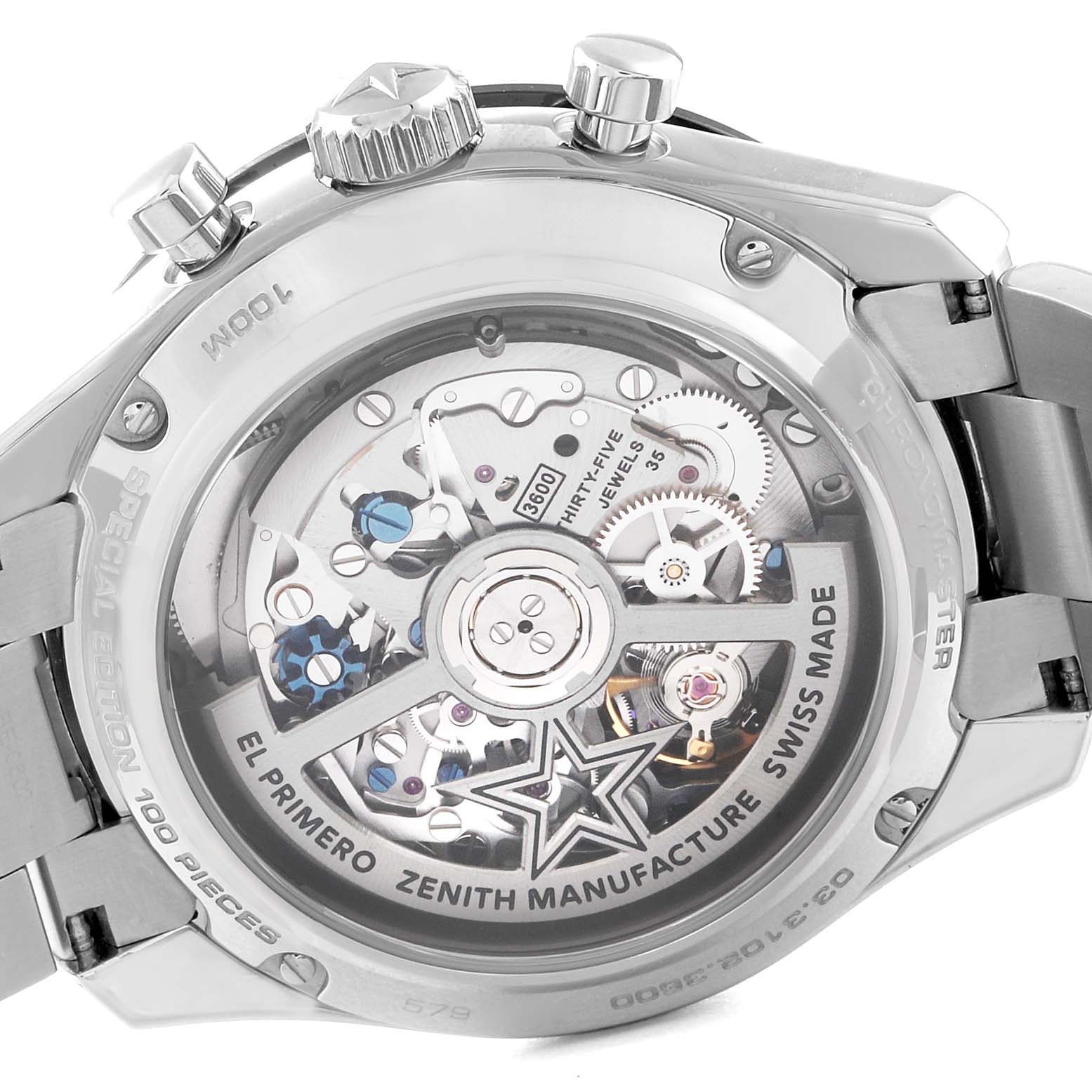 This image shows the back view of the Zenith Chronomaster 03.3102.3600/02.M3100 Men's Stainless Steel White Dial 03.3102.3600/02.M3100 Men's Stainless Steel White Dial watch, highlighting its intricate mechanical movement.
