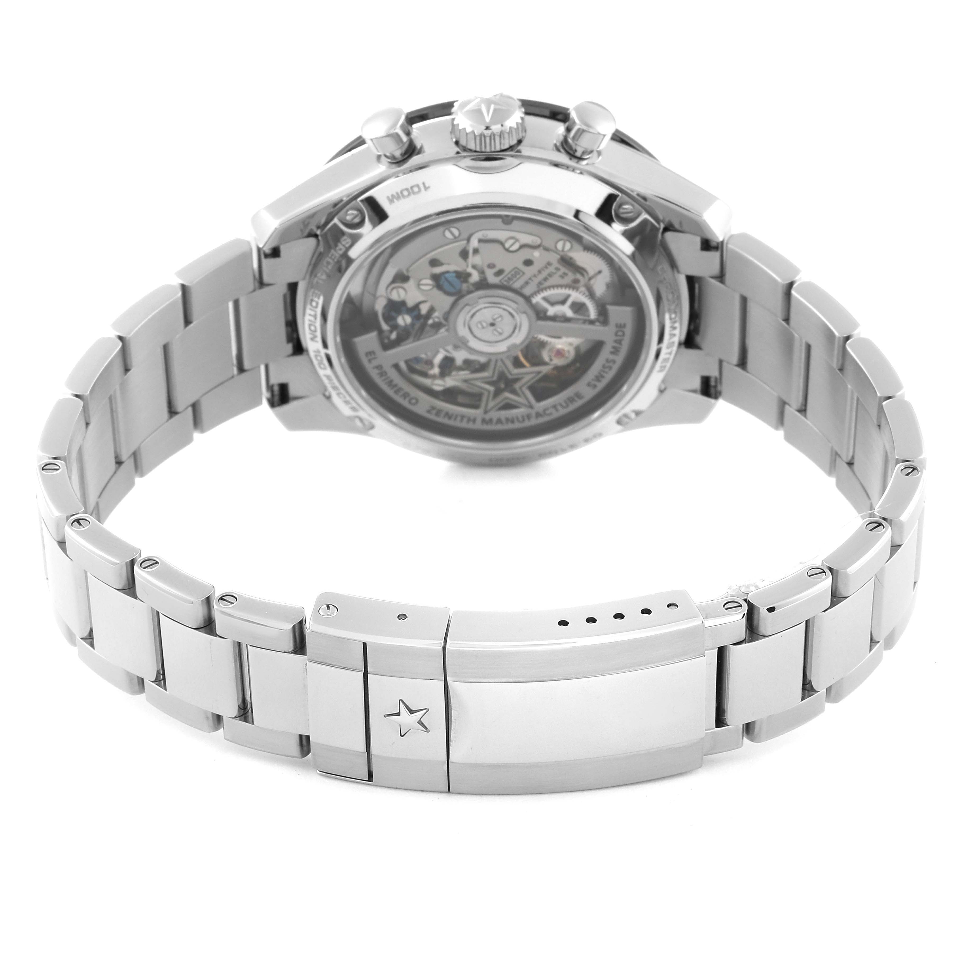 This image shows the back view of the Zenith Chronomaster 03.3102.3600/02.M3100 Men's Stainless Steel White Dial 03.3102.3600/02.M3100 Men's Stainless Steel White Dial watch, highlighting its open case back and metal bracelet.