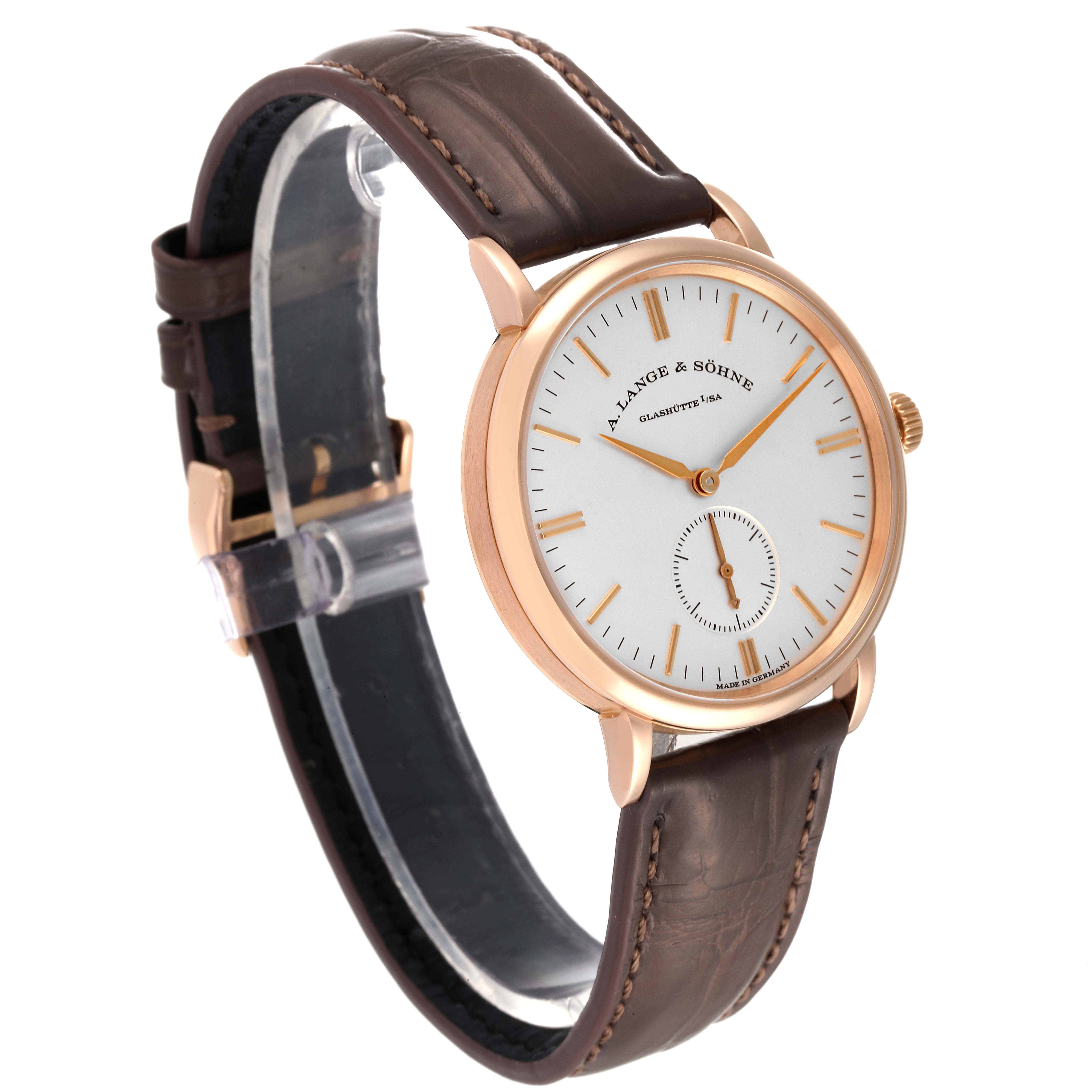 The A. Lange & Sohne Saxonia 219.032 Men's Rose Gold Silver Dial watch is shown at a slight angle, highlighting the dial, case, crown, and leather strap.