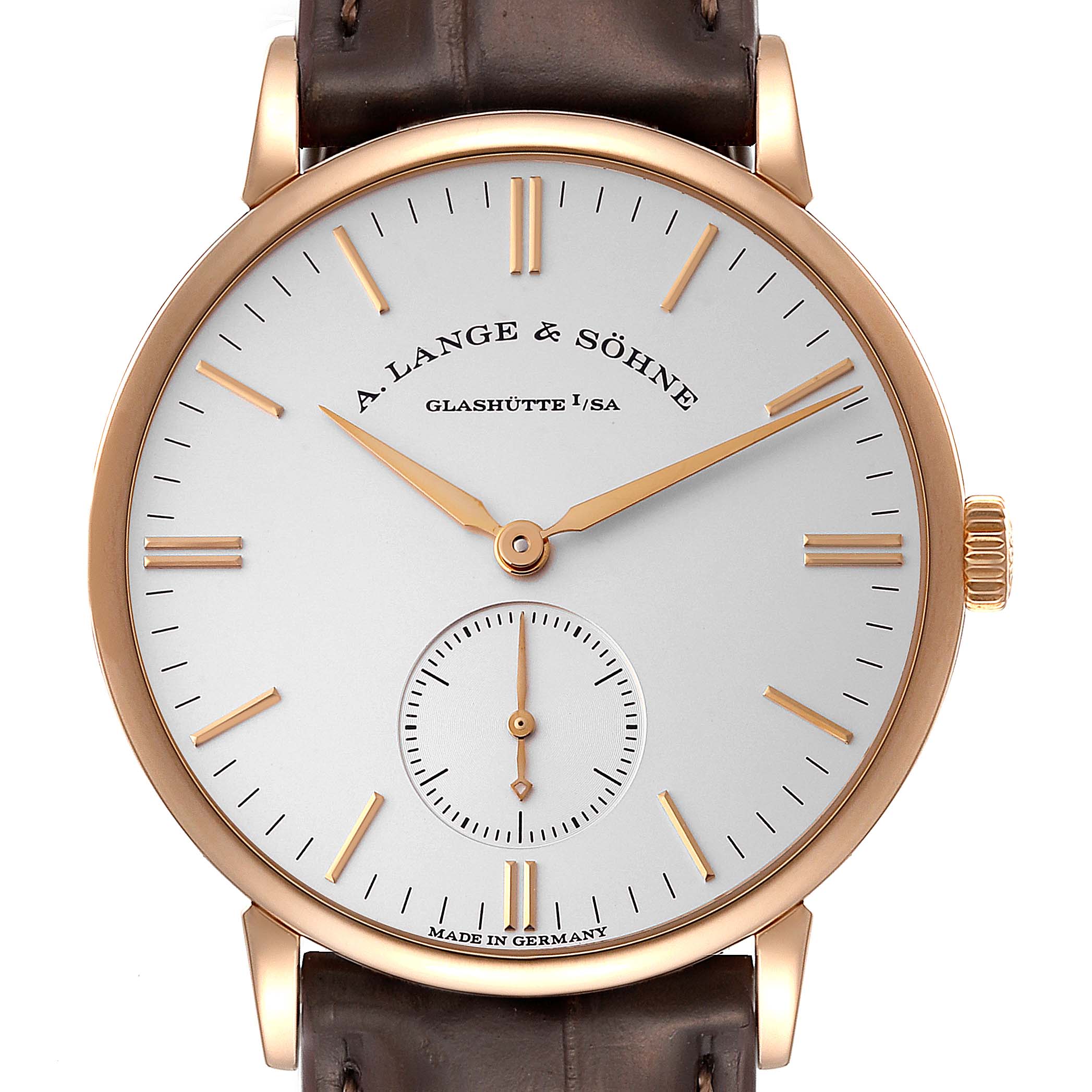 This image displays a front view of the A. Lange & Sohne Saxonia 219.032 Men's Rose Gold Silver Dial watch, showcasing its dial, hands, and part of the leather strap.