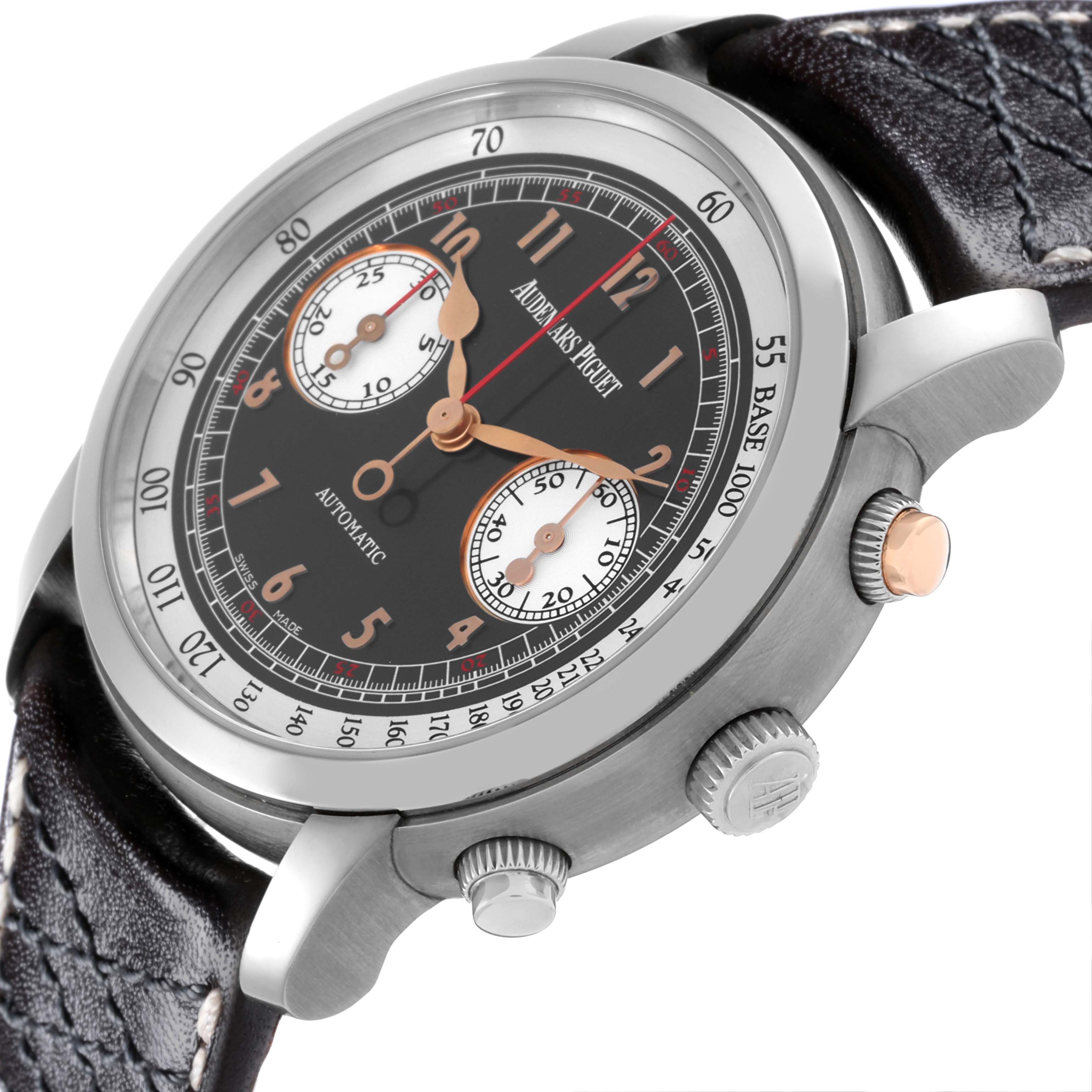 The Jules watch by Audemars Piguet is shown from a side angle, displaying the dial, case, crown, and strap.