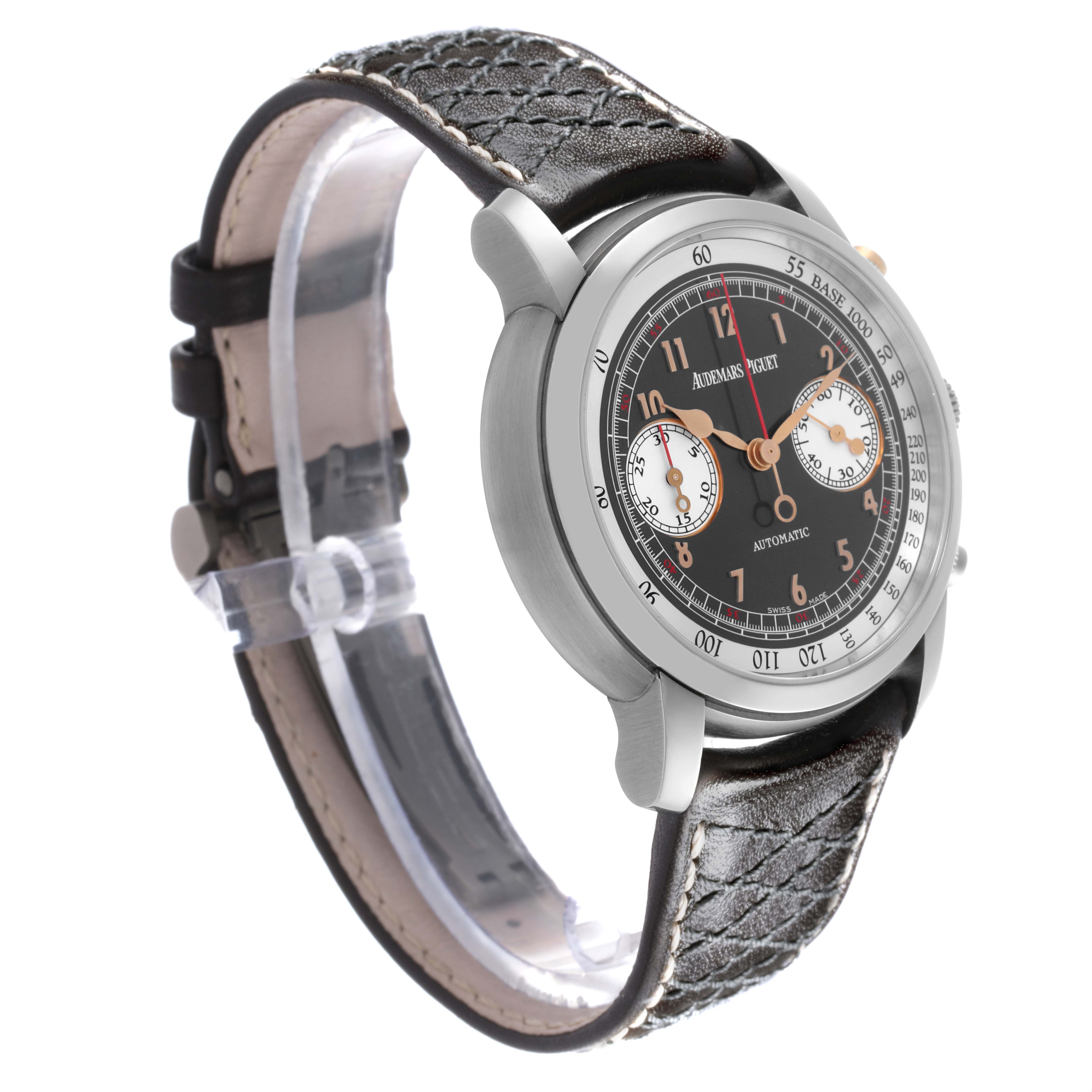 The Jules model by Audemars Piguet is shown at an angled side view, highlighting the case, dial, and leather strap.