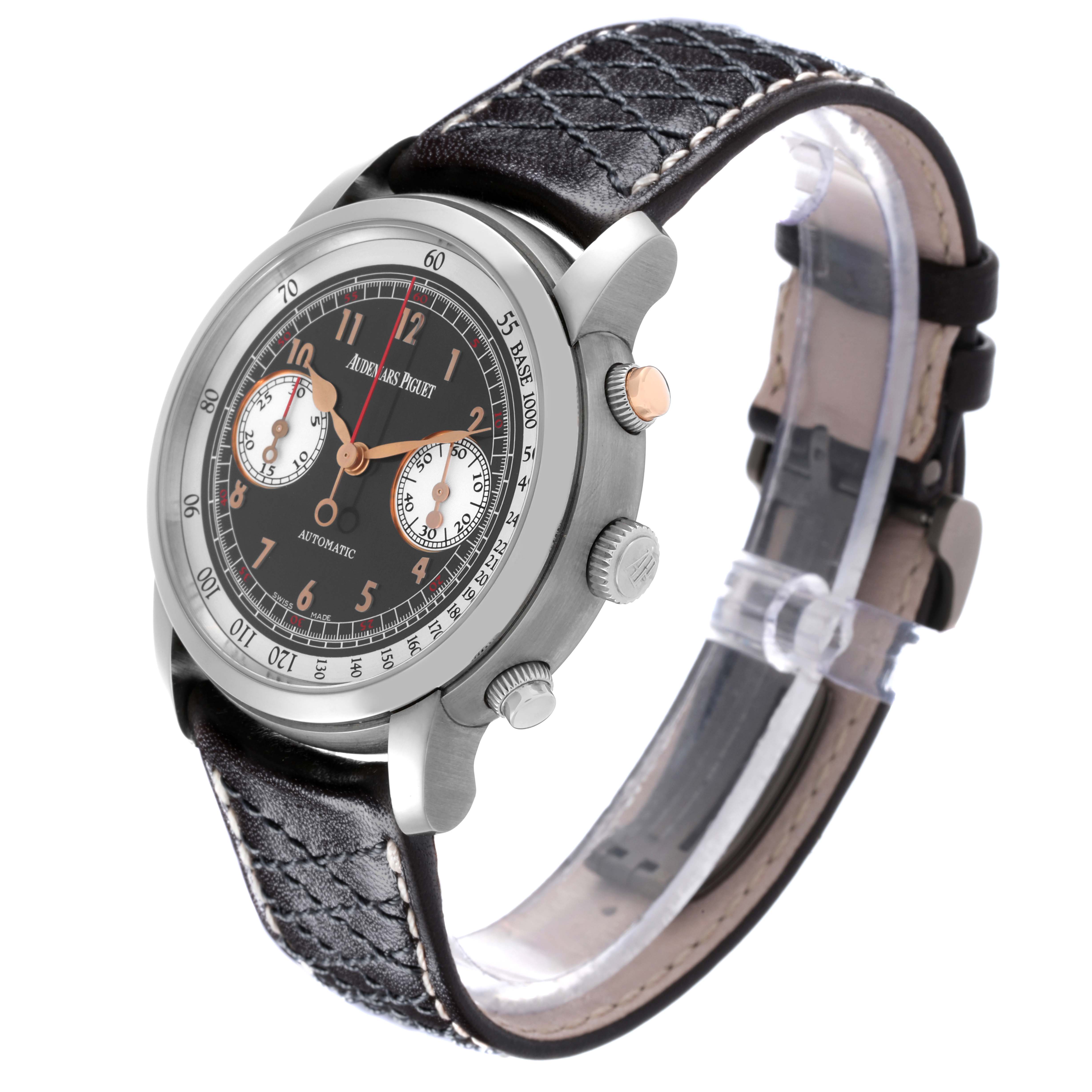 The image shows the Audemars Piguet Jules 26558TI.OO.D080VE.01 Men's Titanium Grey Dial 26558TI.OO.D080VE.01 Men's Titanium Grey Dial model watch at an angle highlighting the face, crown, pushers, and leather strap.