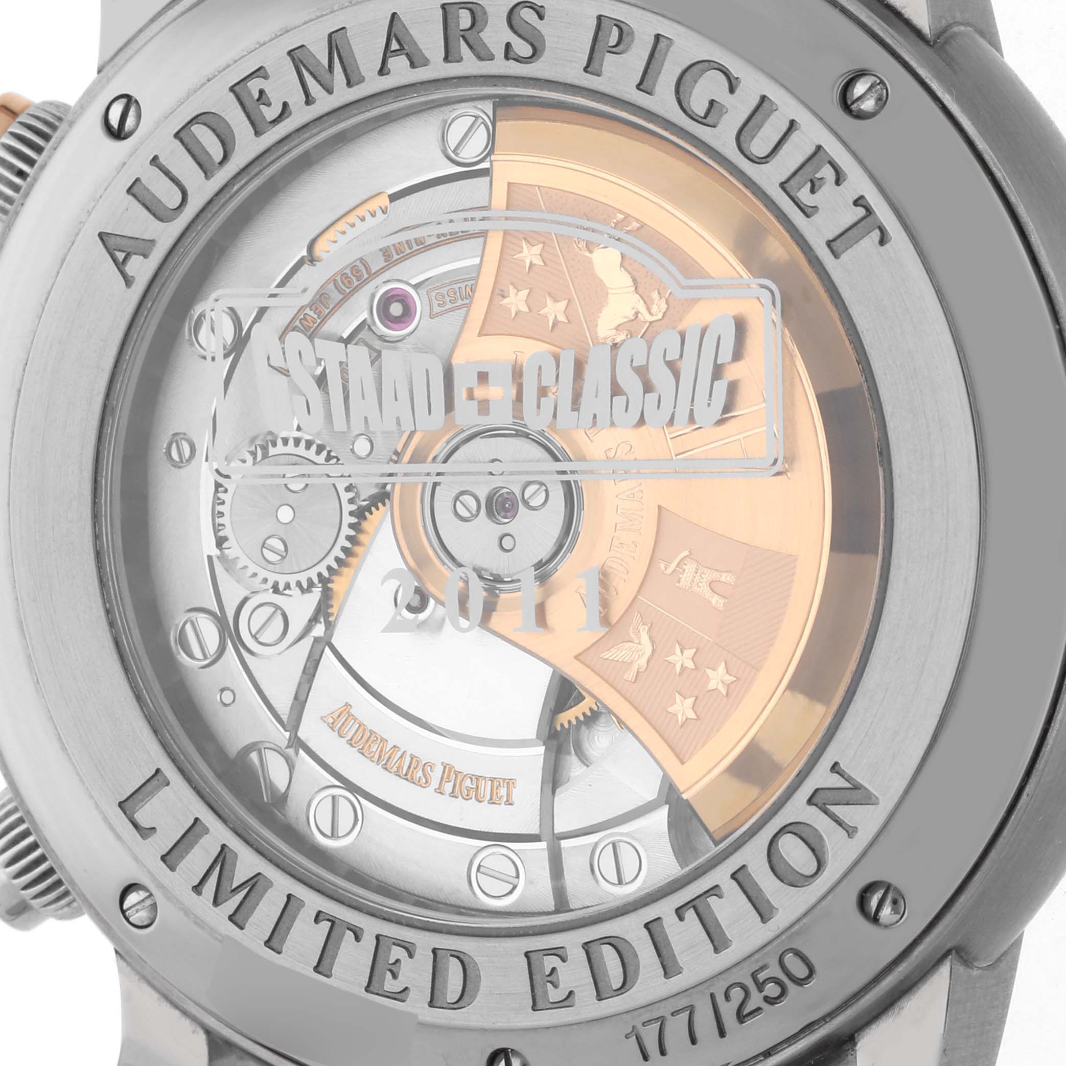 The image shows the back of the Jules model by Audemars Piguet, revealing the movement and limited edition engraving.