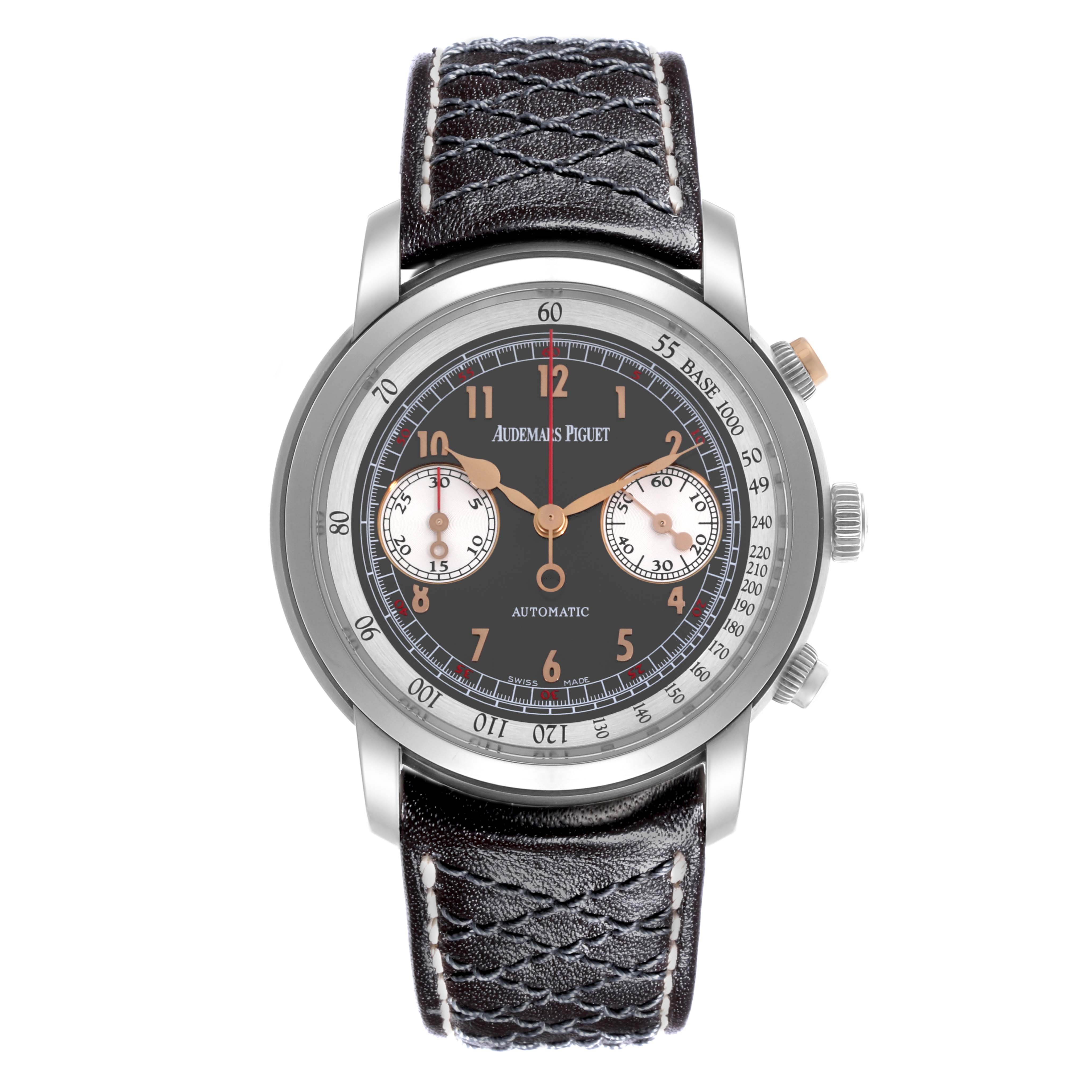 The image shows a Jules model watch by Audemars Piguet from a front angle, highlighting the dial, hands, subdials, and leather strap.