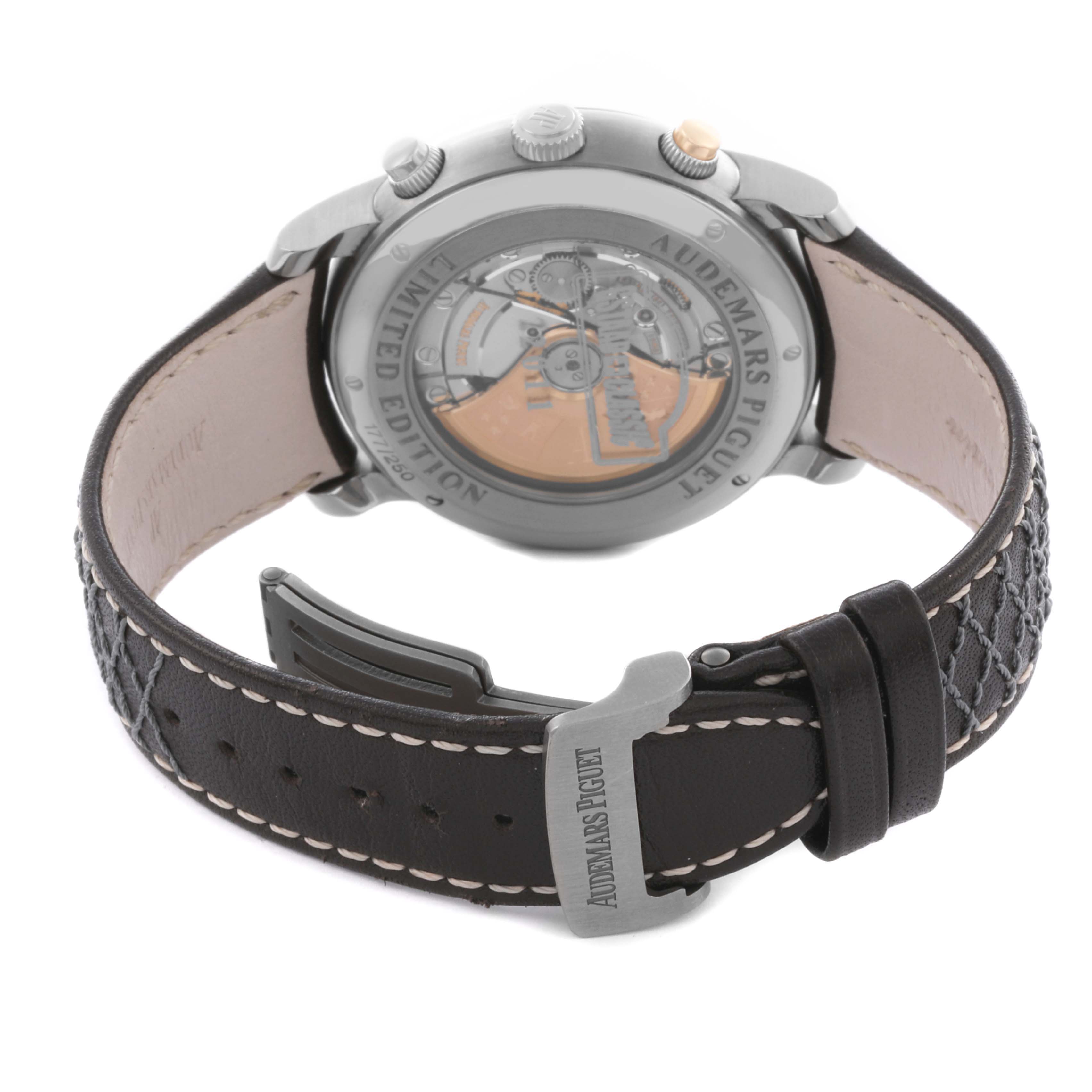 The image shows the back of the Audemars Piguet Jules 26558TI.OO.D080VE.01 Men's Titanium Grey Dial 26558TI.OO.D080VE.01 Men's Titanium Grey Dial model, highlighting the movement and leather strap.