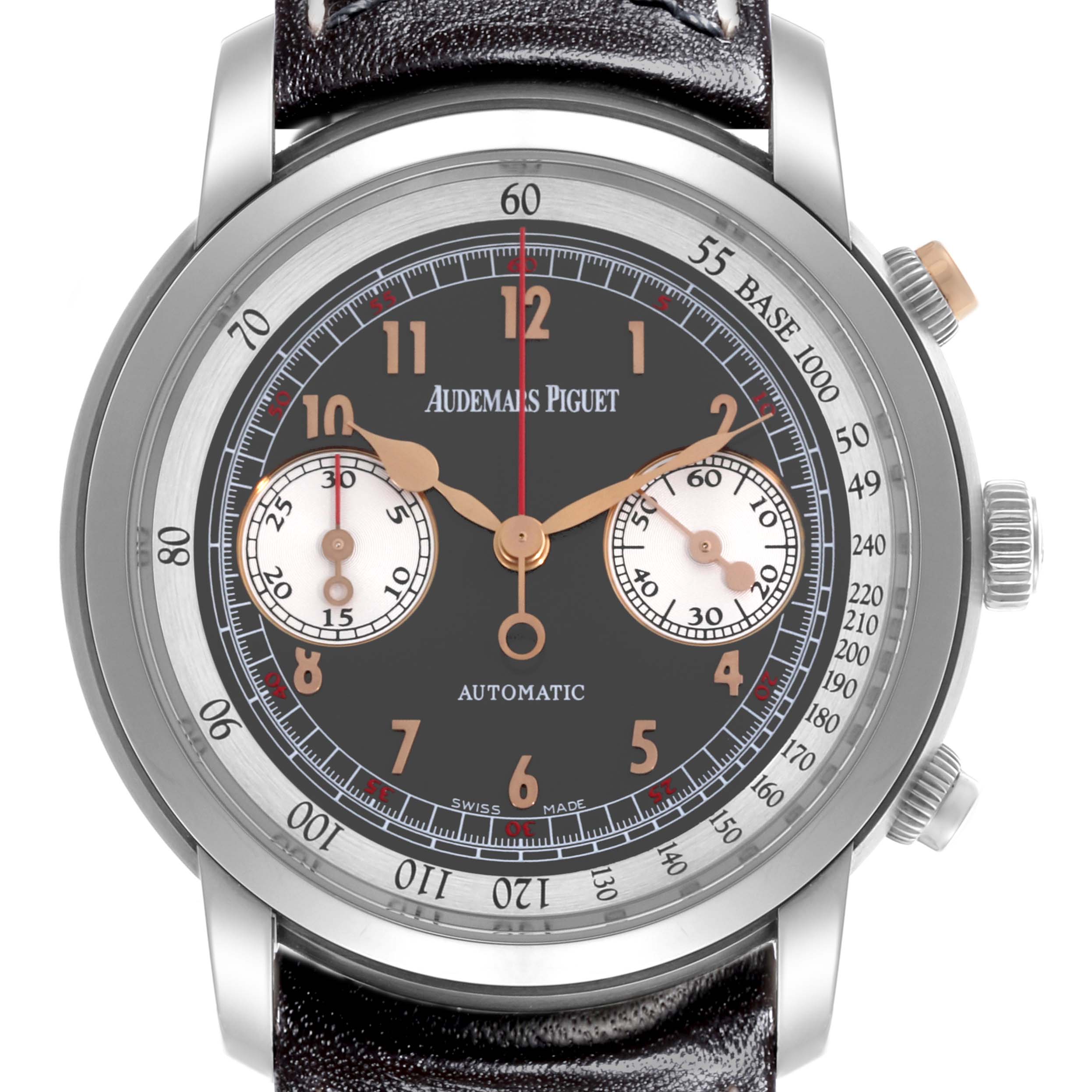 The Audemars Piguet Jules 26558TI.OO.D080VE.01 Men's Titanium Grey Dial 26558TI.OO.D080VE.01 Men's Titanium Grey Dial model is shown from a front angle, displaying the dial, indices, subdials, crown, and tachymeter scale.