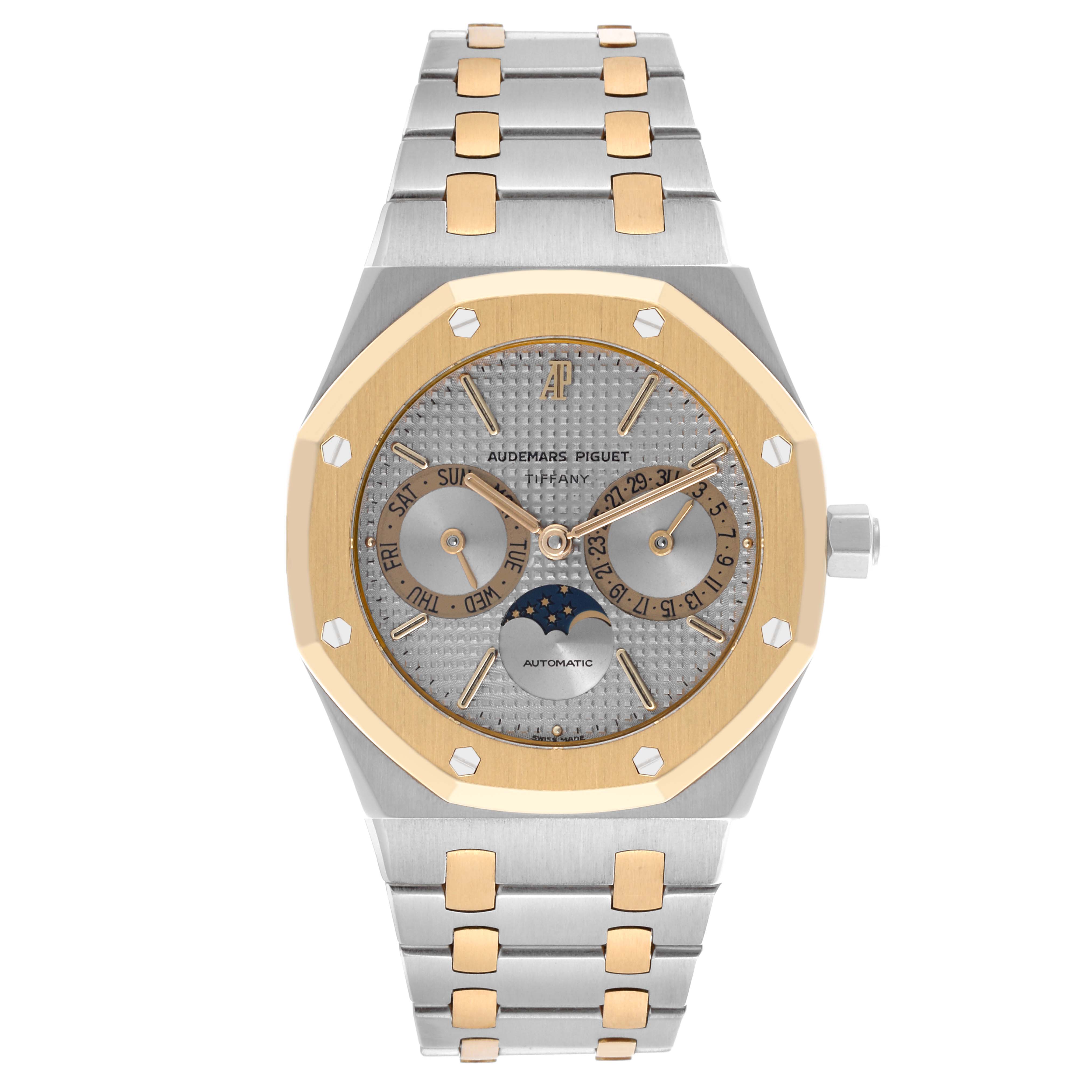 The Audemars Piguet Royal Oak 25594SA Men's Steel and Gold (two tone) Silver Dial 25594SA Men's Steel and Gold (two tone) Silver Dial watch is shown from the front, featuring its dial, octagonal bezel, and metal bracelet.