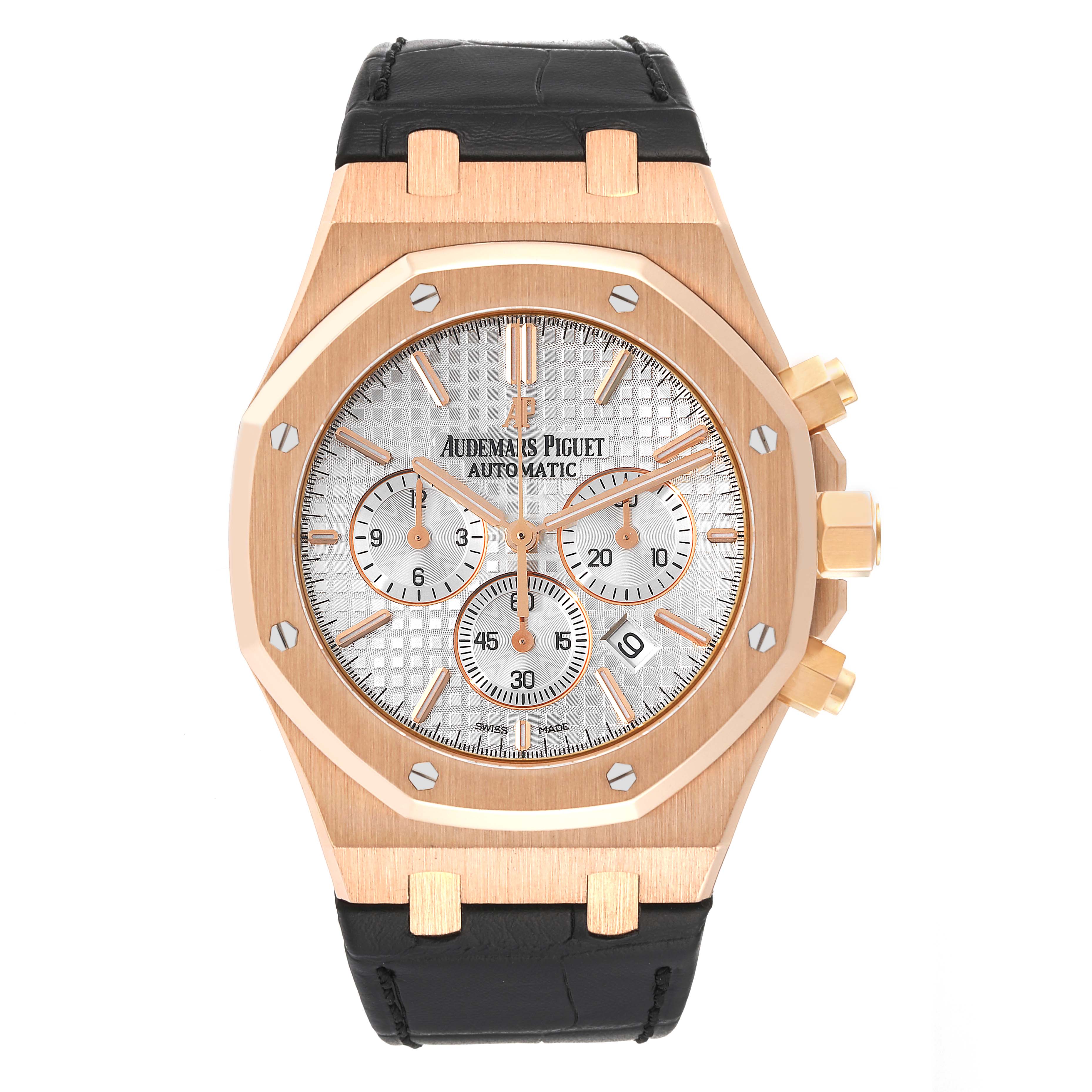 Front view of an Audemars Piguet Royal Oak 26320OR.OO.D088CR.01 Men's Rose Gold Silver Dial 26320OR.OO.D088CR.01 Men's Rose Gold Silver Dial watch showing the dial, bezel, crown, pushers, and leather strap.