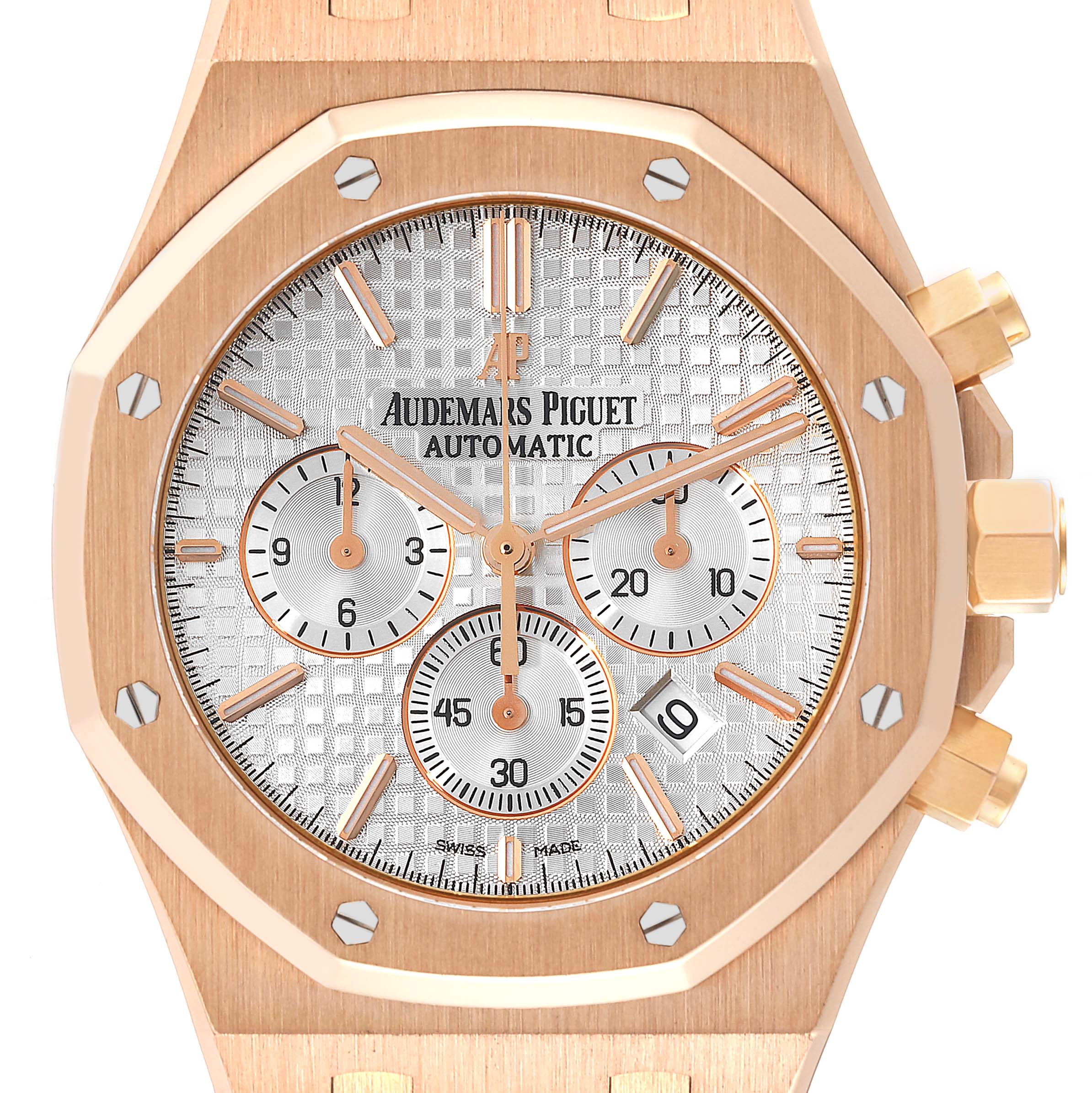 This image shows a frontal view of the Audemars Piguet Royal Oak 26320OR.OO.D088CR.01 Men's Rose Gold Silver Dial 26320OR.OO.D088CR.01 Men's Rose Gold Silver Dial, highlighting its dial, hands, subdials, and octagonal bezel.