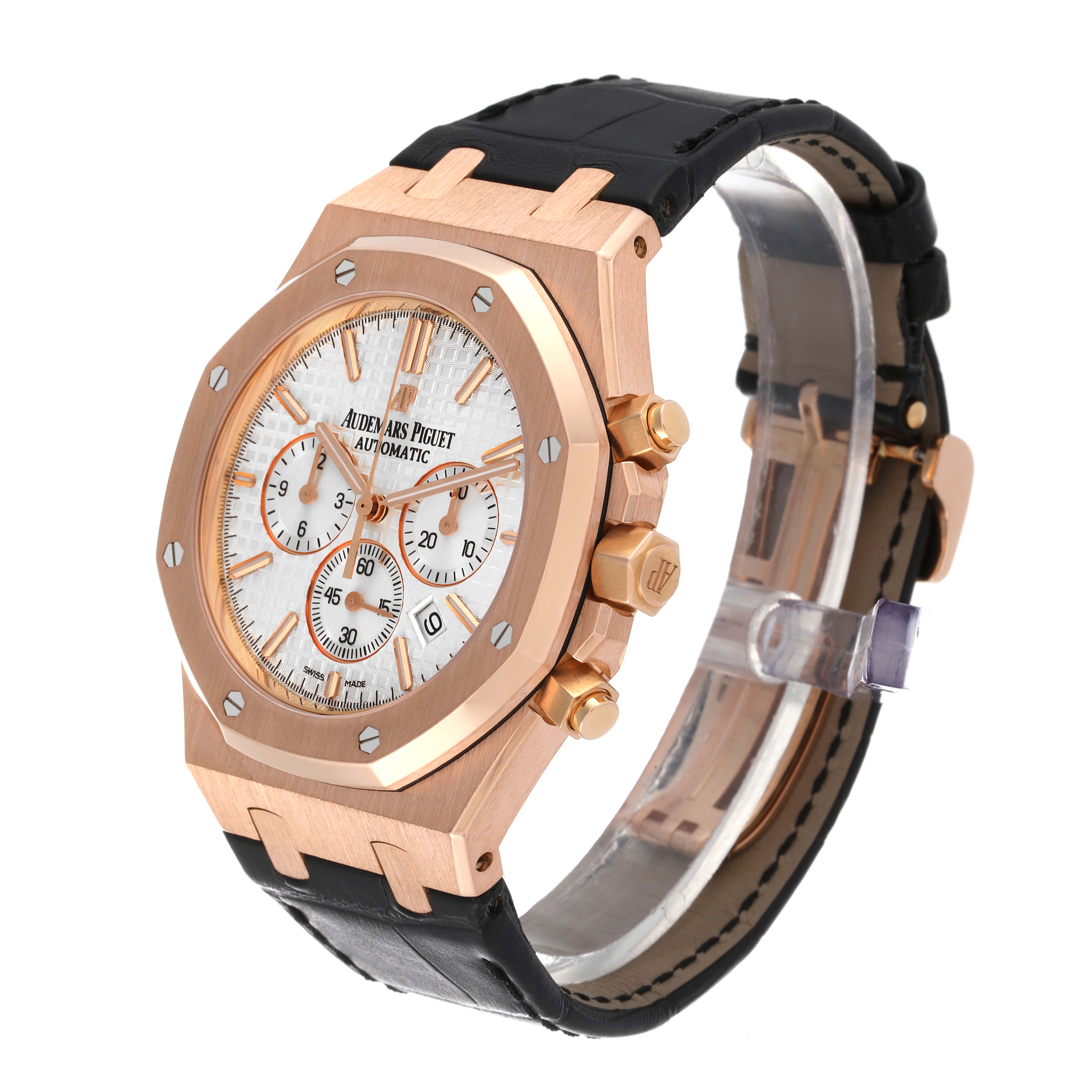 This image shows a side and front angle view of a Royal Oak model by Audemars Piguet, highlighting its case, dial, and strap.