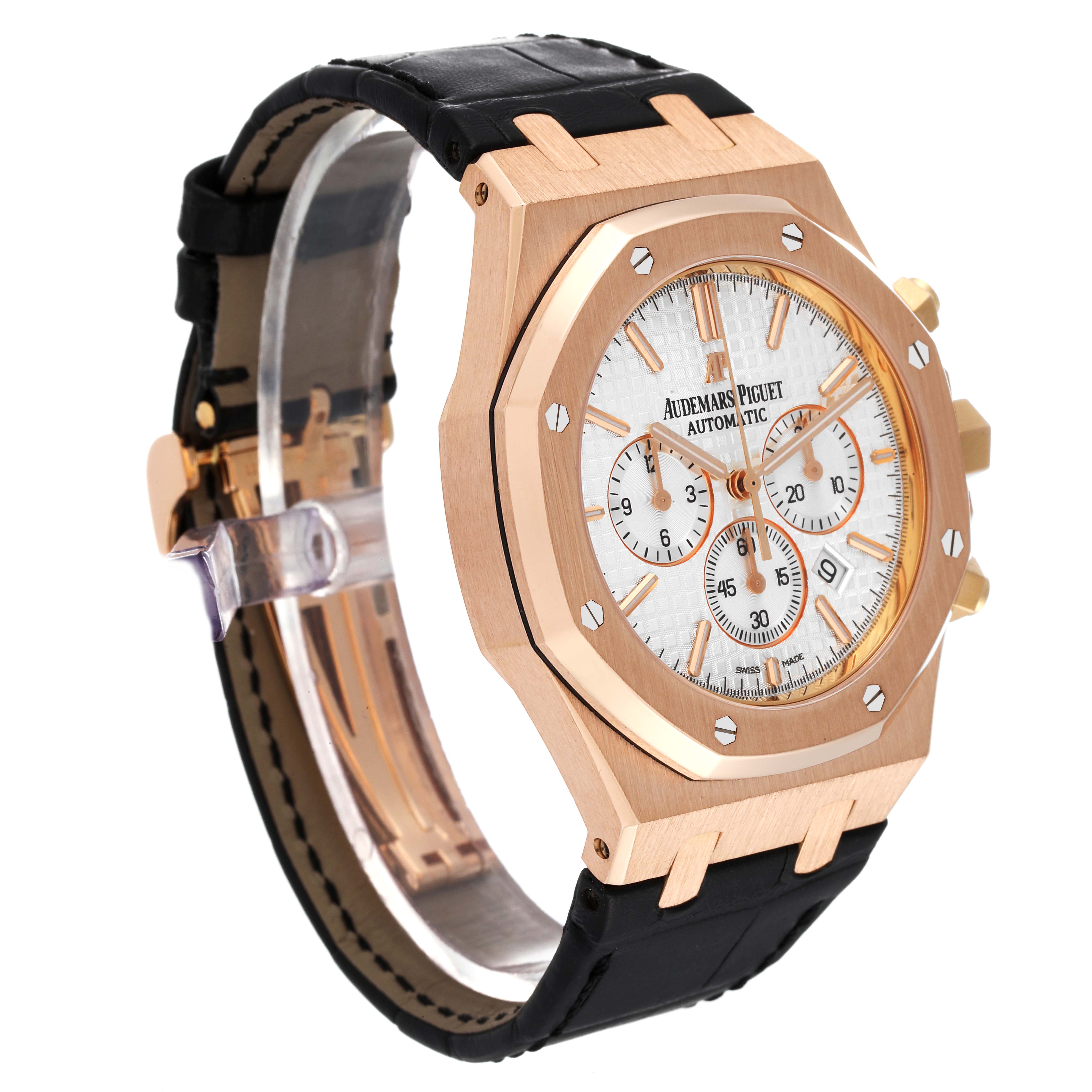 This Audemars Piguet Royal Oak 26320OR.OO.D088CR.01 Men's Rose Gold Silver Dial 26320OR.OO.D088CR.01 Men's Rose Gold Silver Dial watch is shown at a three-quarter angle, displaying its face, bezel, side buttons, and part of the strap.