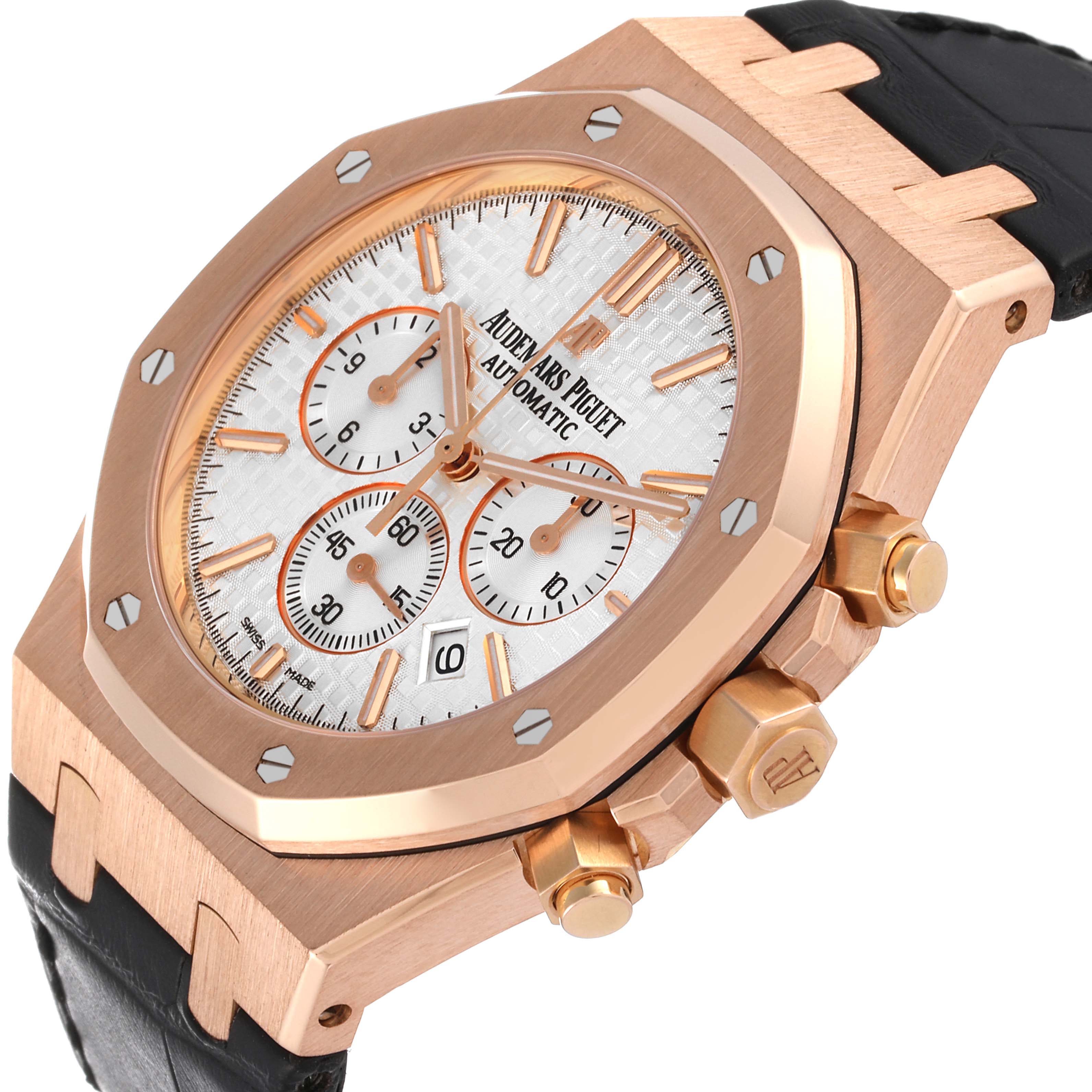 This is a close-up angle of an Audemars Piguet Royal Oak 26320OR.OO.D088CR.01 Men's Rose Gold Silver Dial 26320OR.OO.D088CR.01 Men's Rose Gold Silver Dial watch, showing the dial, bezel, crown, pushers, and part of the strap.