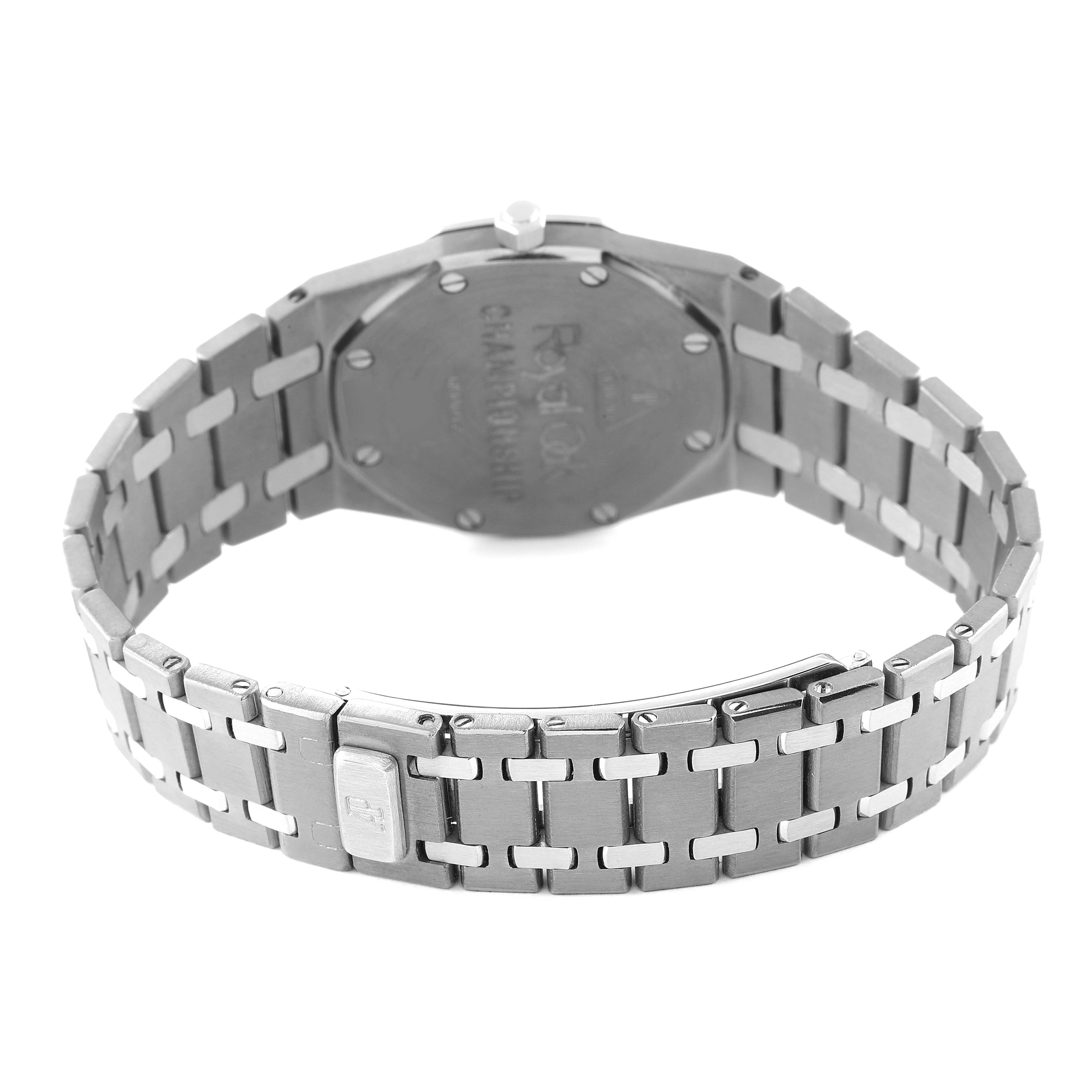 The image shows the back view and bracelet of a Royal Oak model by Audemars Piguet.