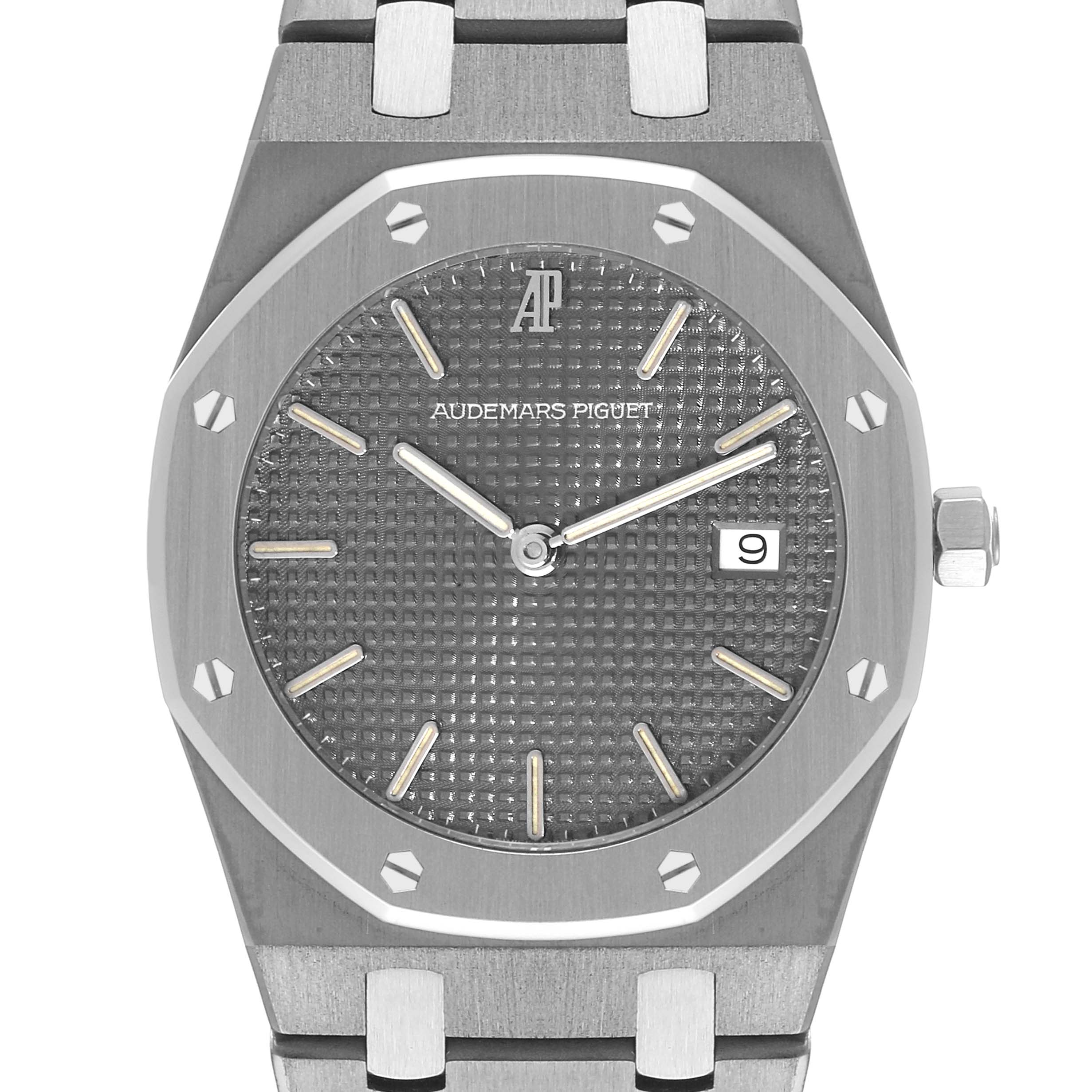 This is a frontal view of the Audemars Piguet Royal Oak 56175TT Men's Stainless Steel Grey Dial 56175TT Men's Stainless Steel Grey Dial watch displaying its face, date window, and bracelet.