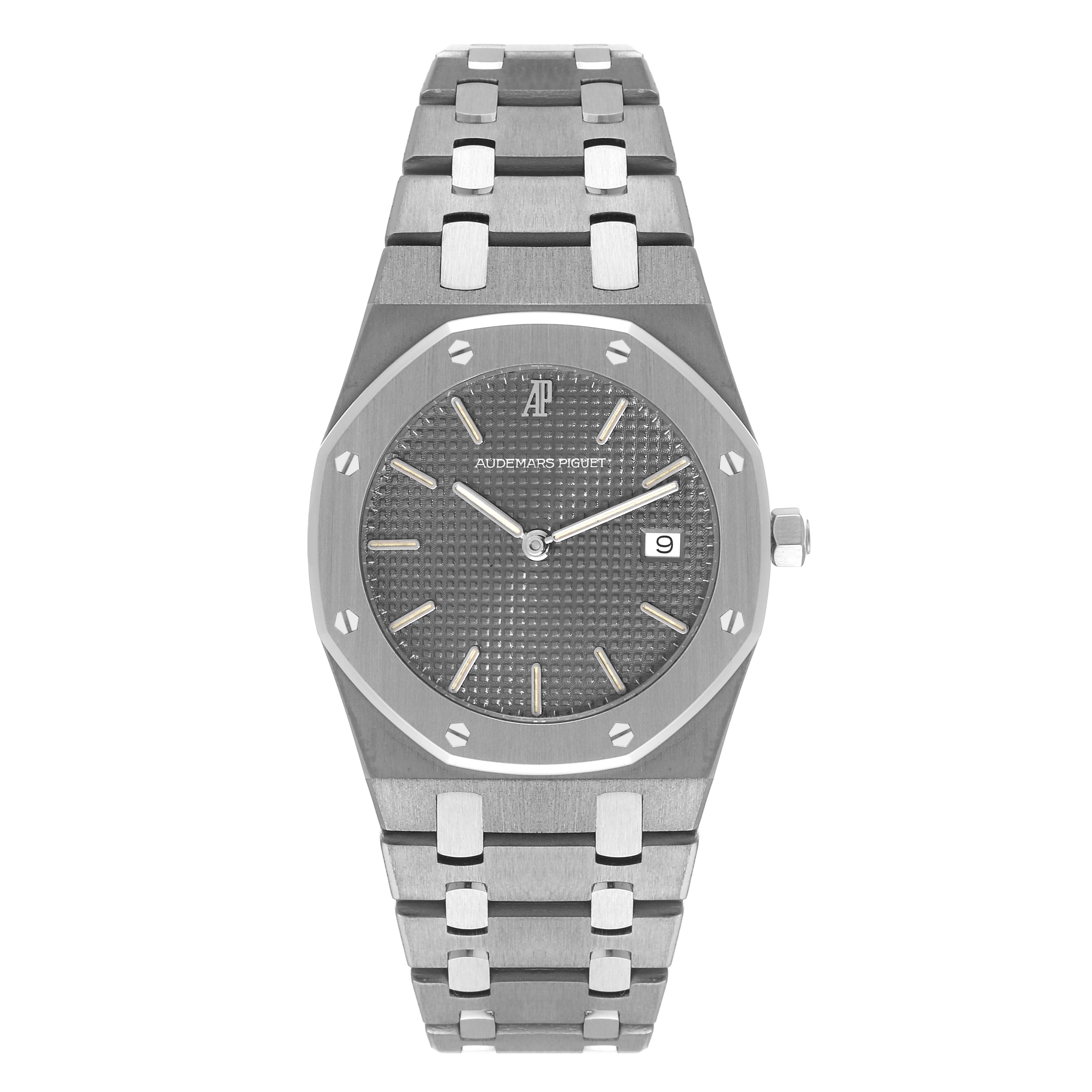 This image shows a head-on view of an Audemars Piguet Royal Oak 56175TT Men's Stainless Steel Grey Dial 56175TT Men's Stainless Steel Grey Dial watch, displaying the face, bezel, and bracelet.