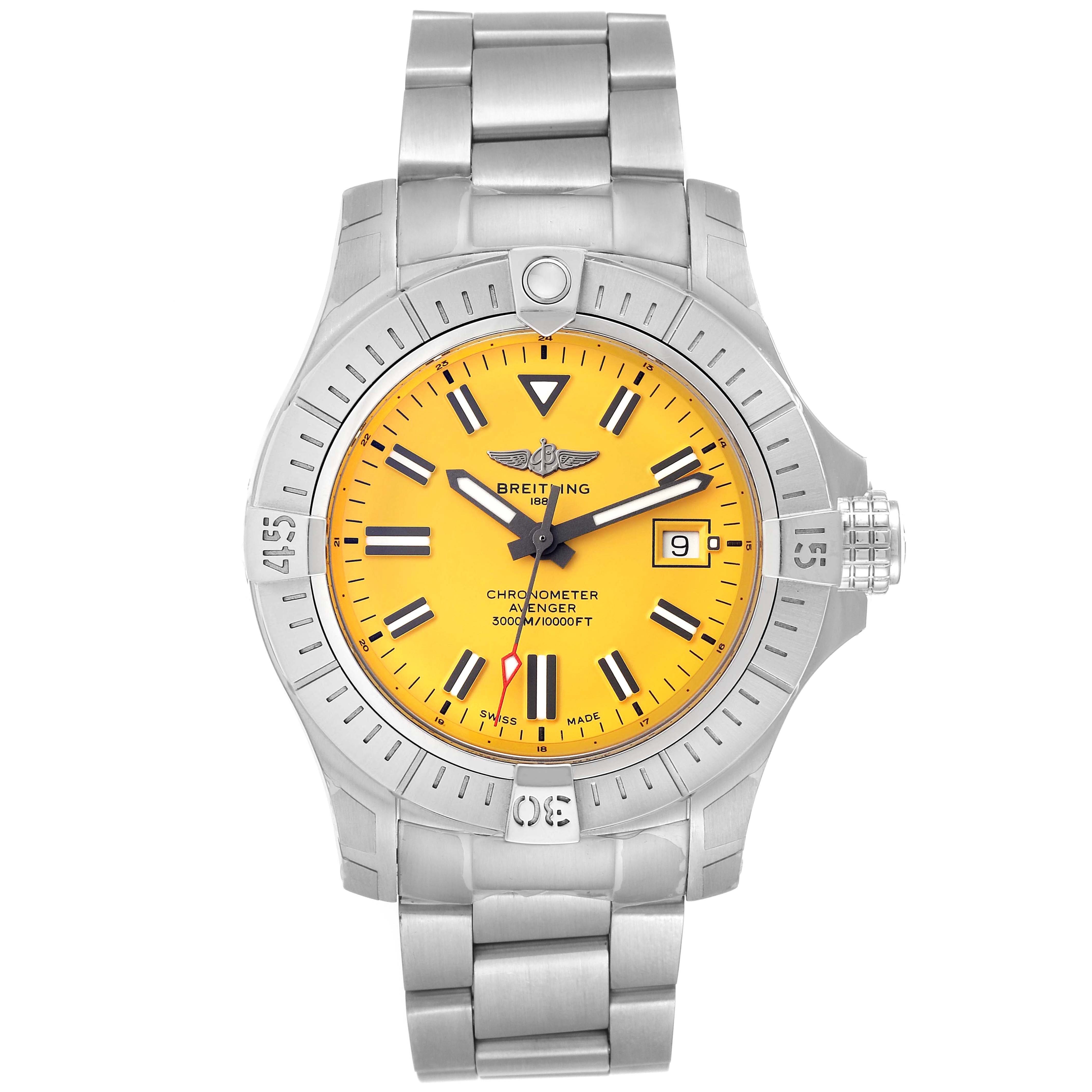 The image shows a front view of a Breitling Avenger A17319 Men's Stainless Steel Yellow Dial A17319 Men's Stainless Steel Yellow Dial watch, highlighting its yellow dial, date display, and stainless steel bracelet.