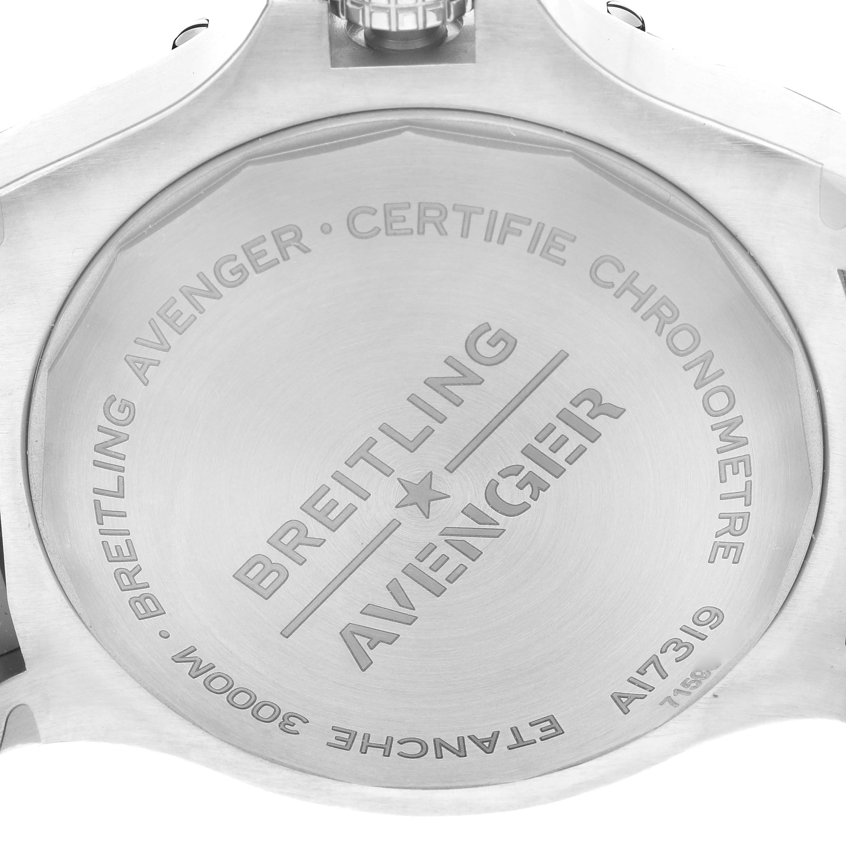 The image shows the back case of the Breitling Avenger A17319 Men's Stainless Steel Yellow Dial A17319 Men's Stainless Steel Yellow Dial watch, highlighting the engravings and specifications.