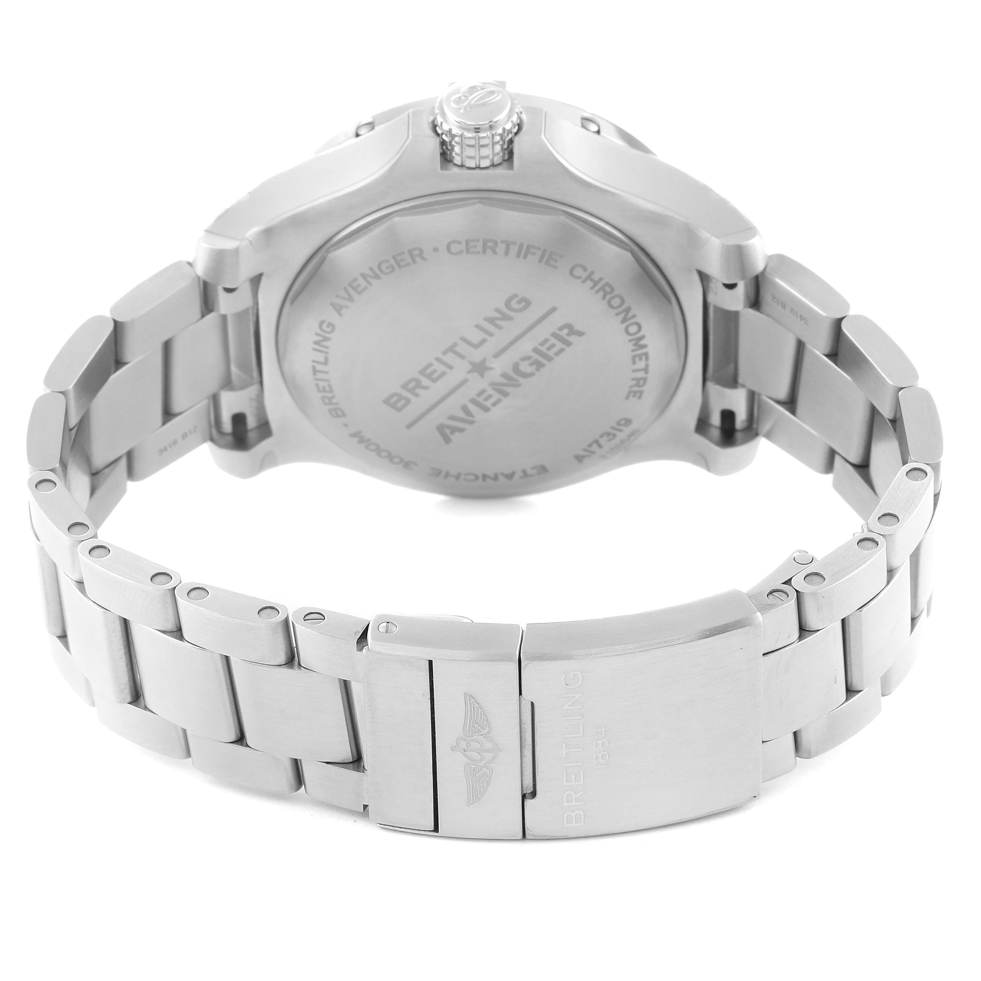 The image shows the back view of a Breitling Avenger A17319 Men's Stainless Steel Yellow Dial A17319 Men's Stainless Steel Yellow Dial watch, highlighting its case back, bracelet, and clasp.