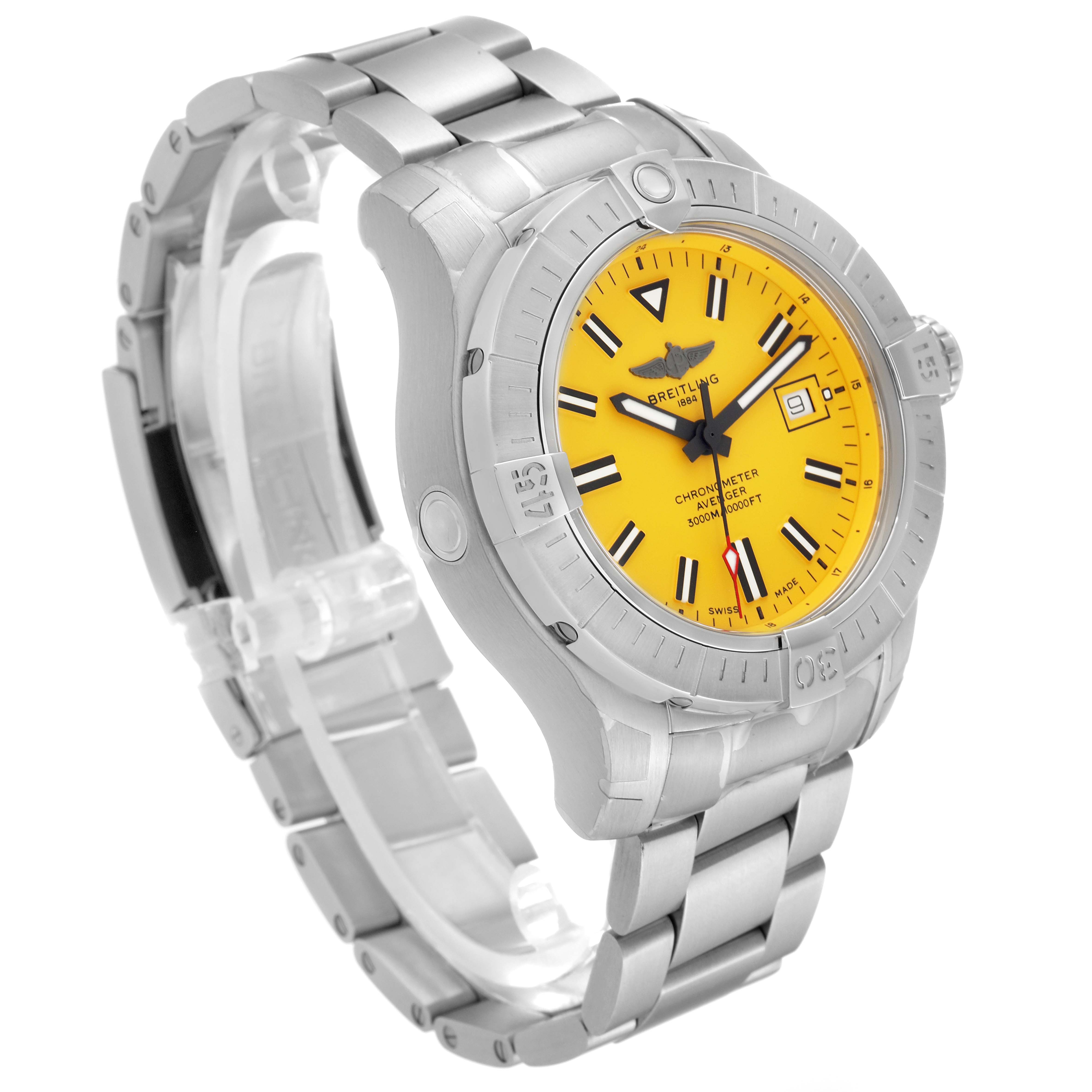 The Breitling Avenger A17319 Men's Stainless Steel Yellow Dial A17319 Men's Stainless Steel Yellow Dial watch is shown from a three-quarter angle, displaying the bracelet, case, bezel, and yellow dial.