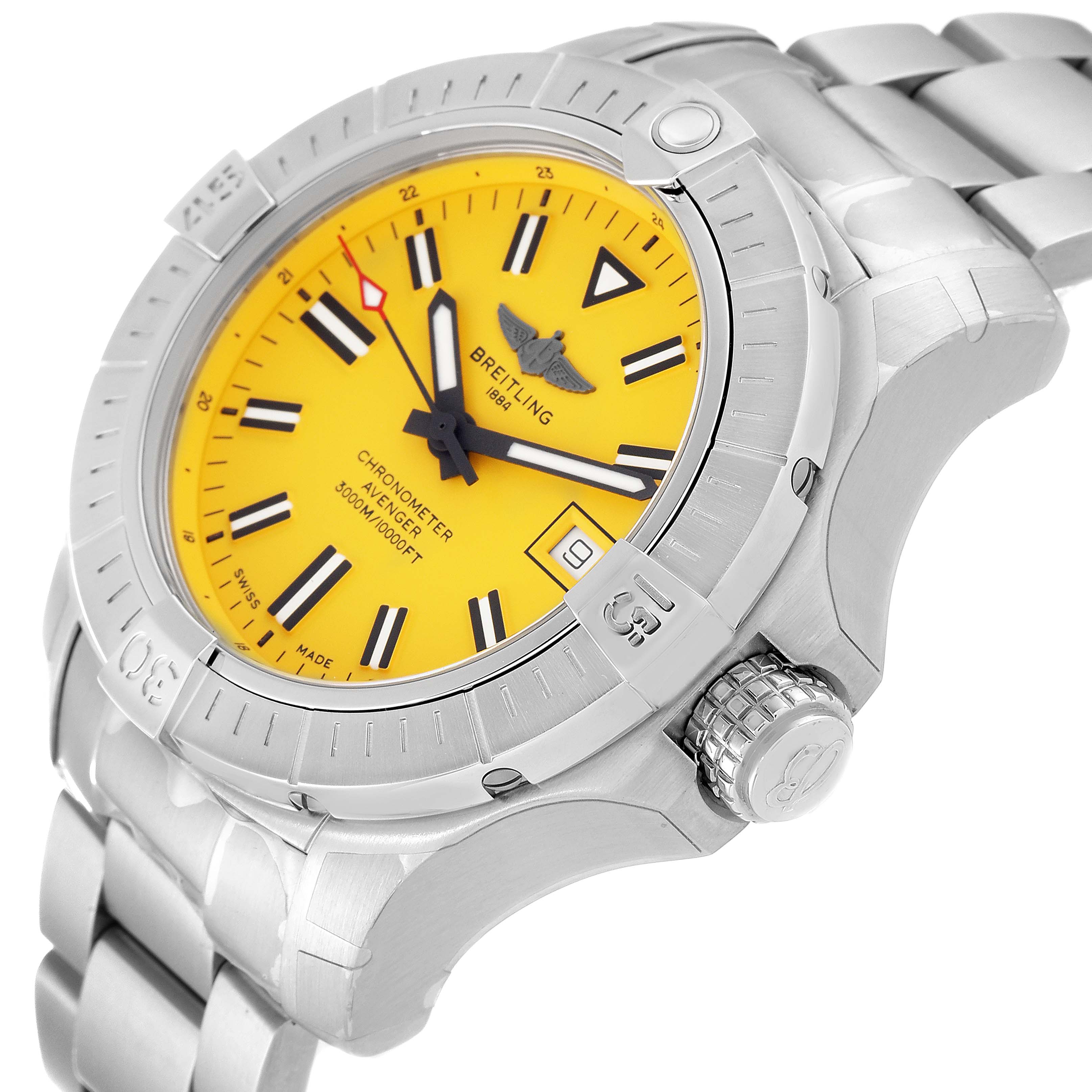 This image shows a close-up angled view of a Breitling Avenger A17319 Men's Stainless Steel Yellow Dial A17319 Men's Stainless Steel Yellow Dial watch, highlighting the yellow dial, bezel, crown, and part of the stainless steel bracelet.
