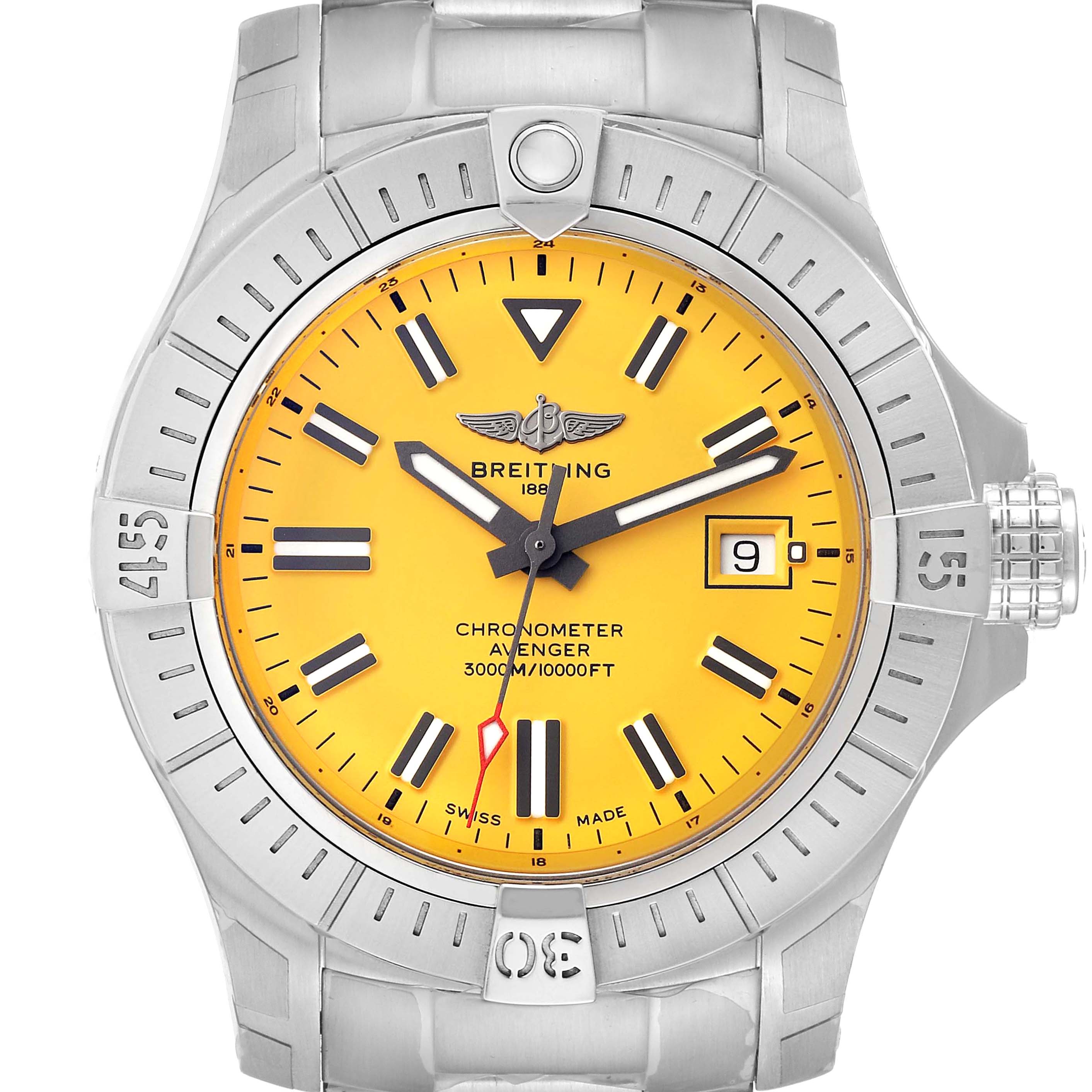 This image shows a front view of the Breitling Avenger A17319 Men's Stainless Steel Yellow Dial A17319 Men's Stainless Steel Yellow Dial watch, highlighting its yellow dial, bezel, and date window.