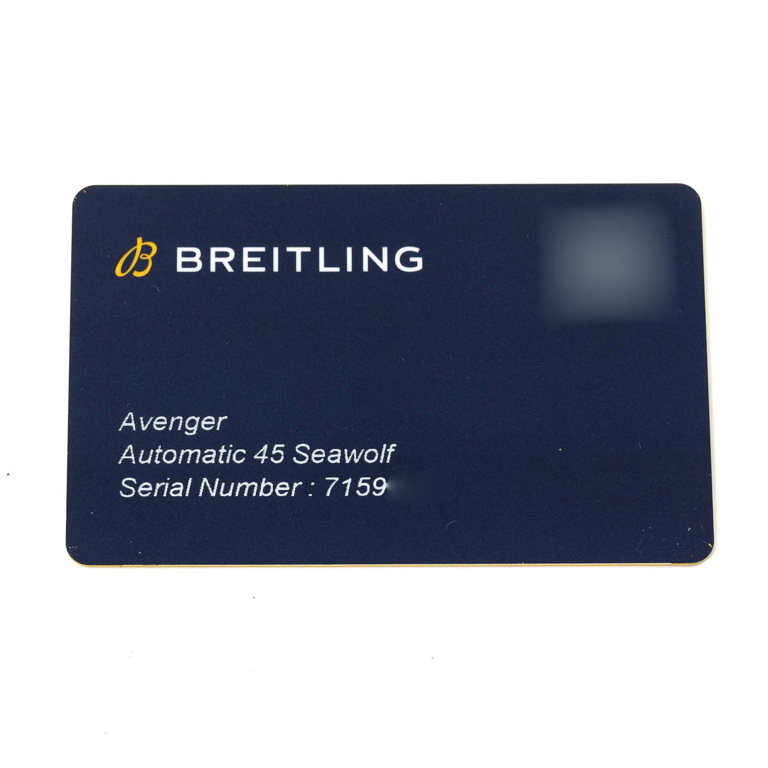 The image shows the identification card for a Breitling Avenger A17319 Men's Stainless Steel Yellow Dial A17319 Men's Stainless Steel Yellow Dial Automatic 45 Seawolf watch.