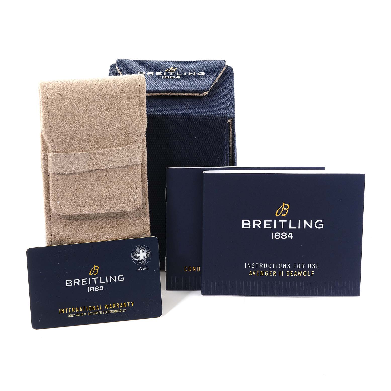 The image shows accessories of a Breitling Avenger A17319 Men's Stainless Steel Yellow Dial A17319 Men's Stainless Steel Yellow Dial II Seawolf watch, including a box, pouch, manuals, and an international warranty card.