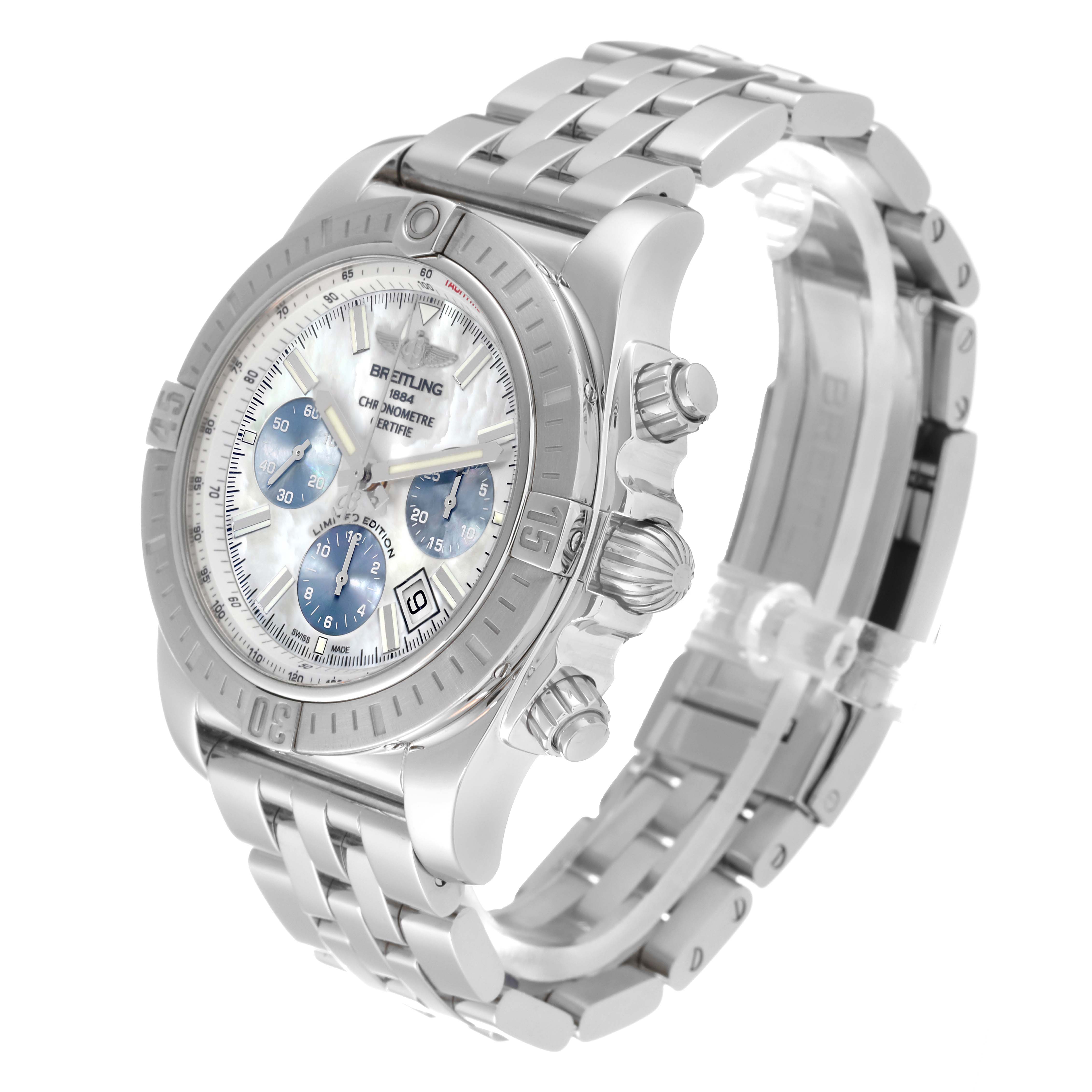 The image shows a Breitling Chronomat AB0115 Men's Stainless Steel Mother of Pearl Dial AB0115 Men's Stainless Steel Mother of Pearl Dial watch from a three-quarter view, highlighting its face, bezel, crown, and bracelet.