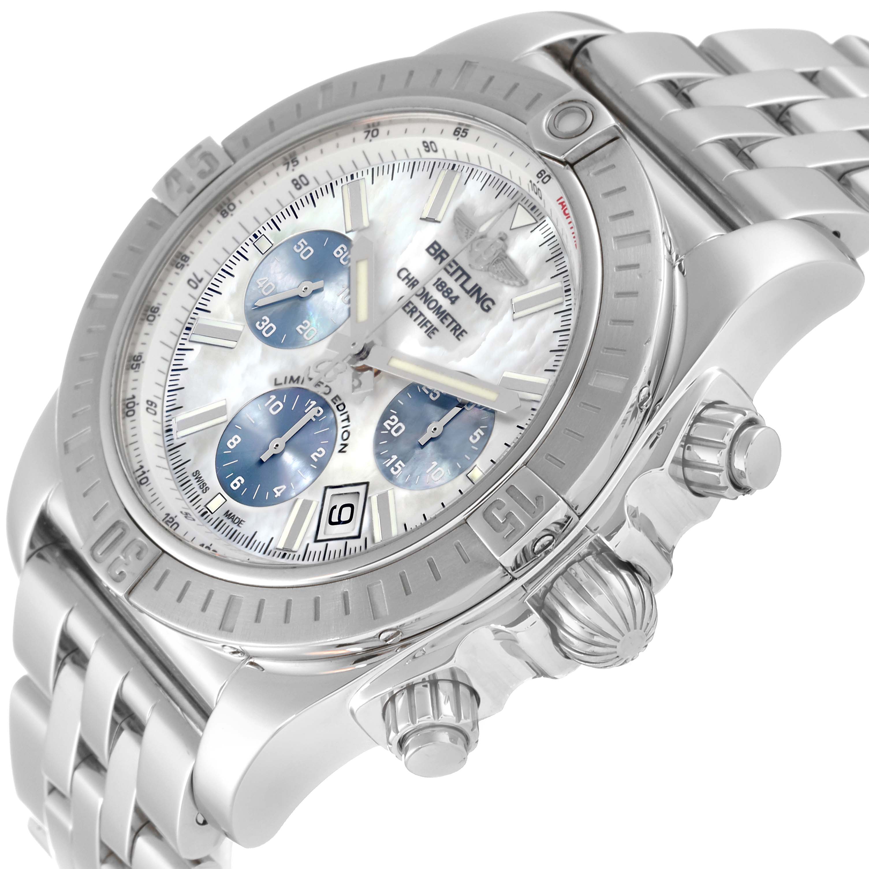 The Breitling Chronomat AB0115 Men's Stainless Steel Mother of Pearl Dial AB0115 Men's Stainless Steel Mother of Pearl Dial watch is shown at a slight angle, highlighting its bezel, dial, sub-dials, crown, and bracelet.