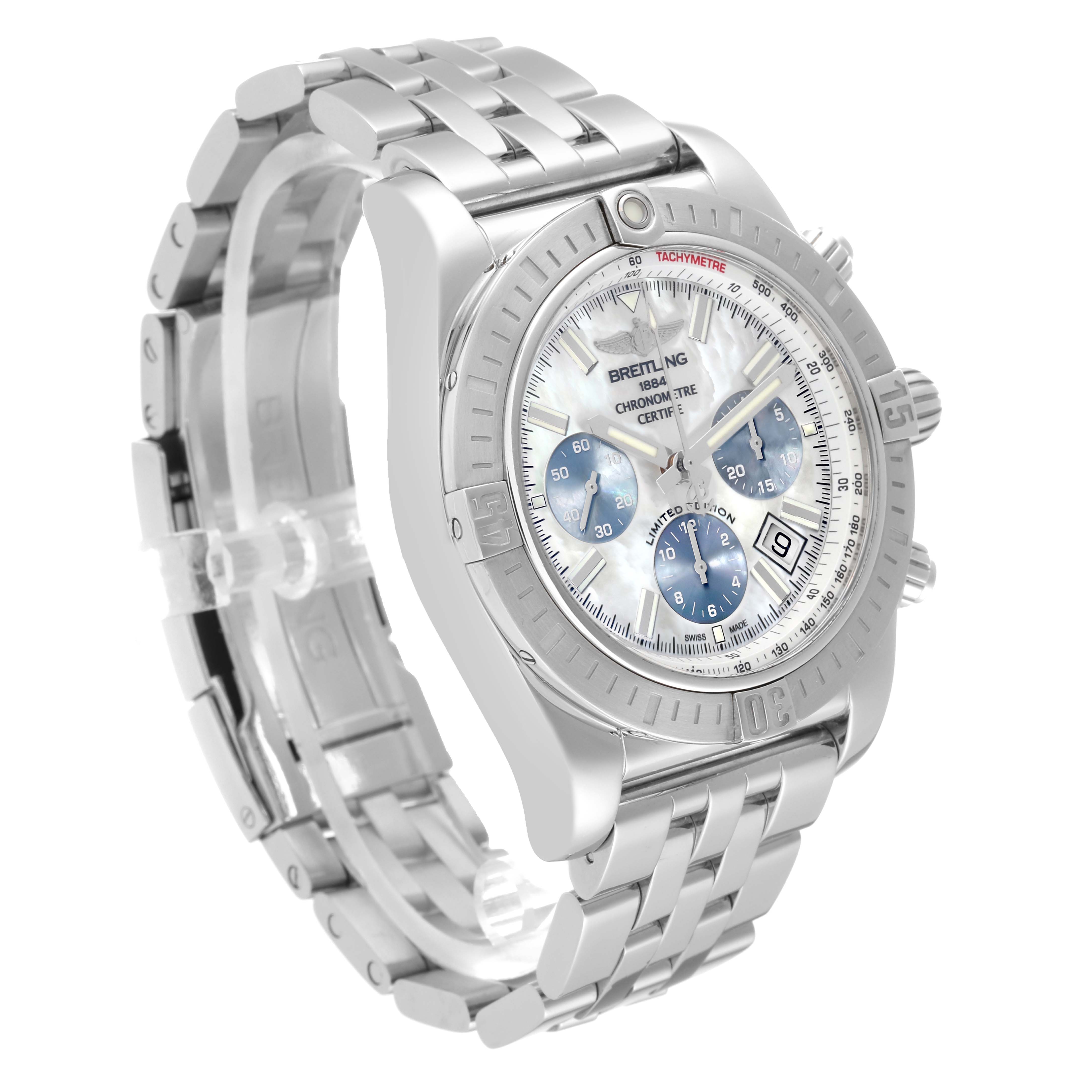 The Breitling Chronomat AB0115 Men's Stainless Steel Mother of Pearl Dial AB0115 Men's Stainless Steel Mother of Pearl Dial watch is shown at a three-quarter angle, displaying its face, bezel, and metal bracelet.