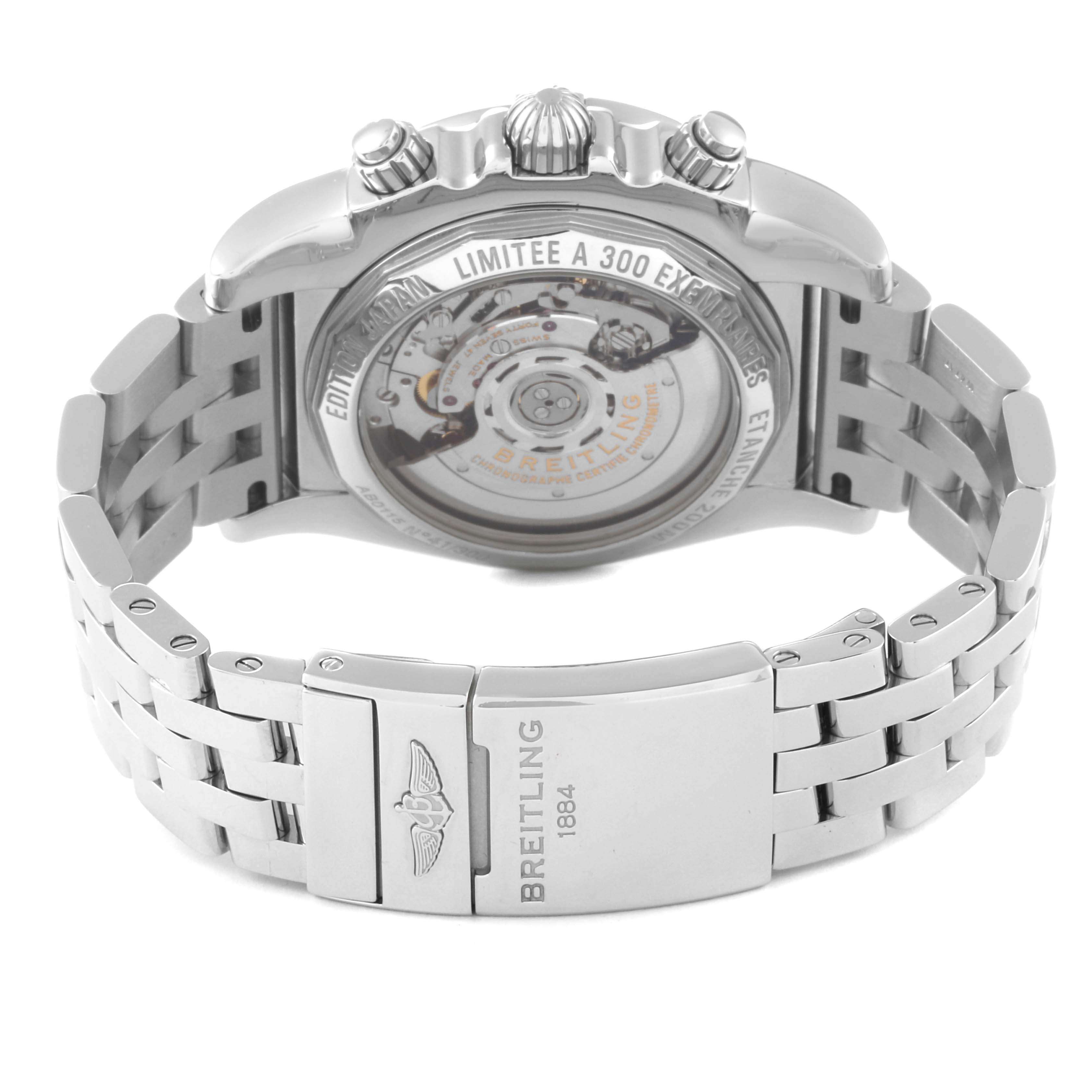 This image shows the back view of the Breitling Chronomat AB0115 Men's Stainless Steel Mother of Pearl Dial AB0115 Men's Stainless Steel Mother of Pearl Dial watch, including its stainless steel bracelet and visible mechanical movement.