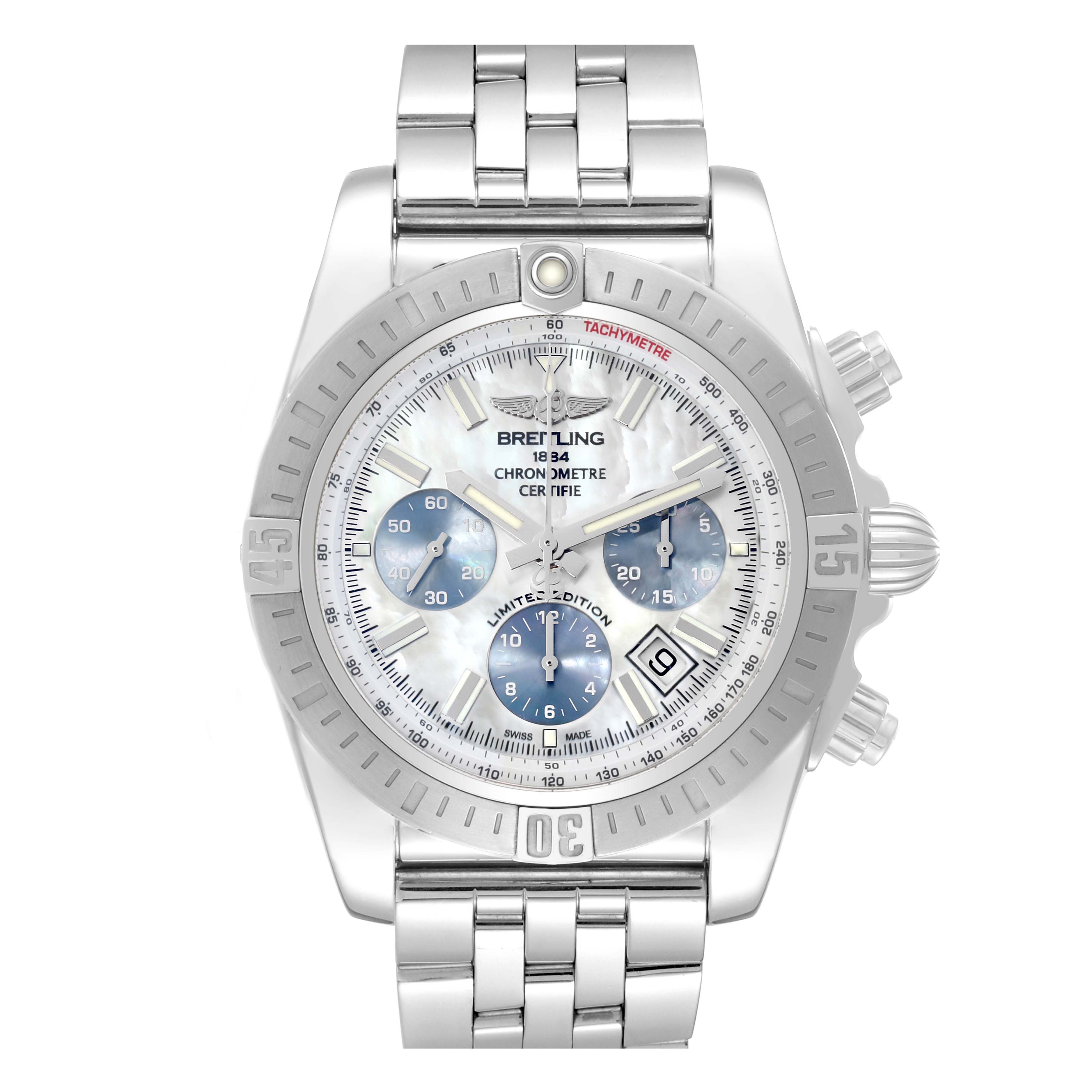 This image shows a front view of the Breitling Chronomat AB0115 Men's Stainless Steel Mother of Pearl Dial AB0115 Men's Stainless Steel Mother of Pearl Dial watch, highlighting its dial, bezel, and metal bracelet.