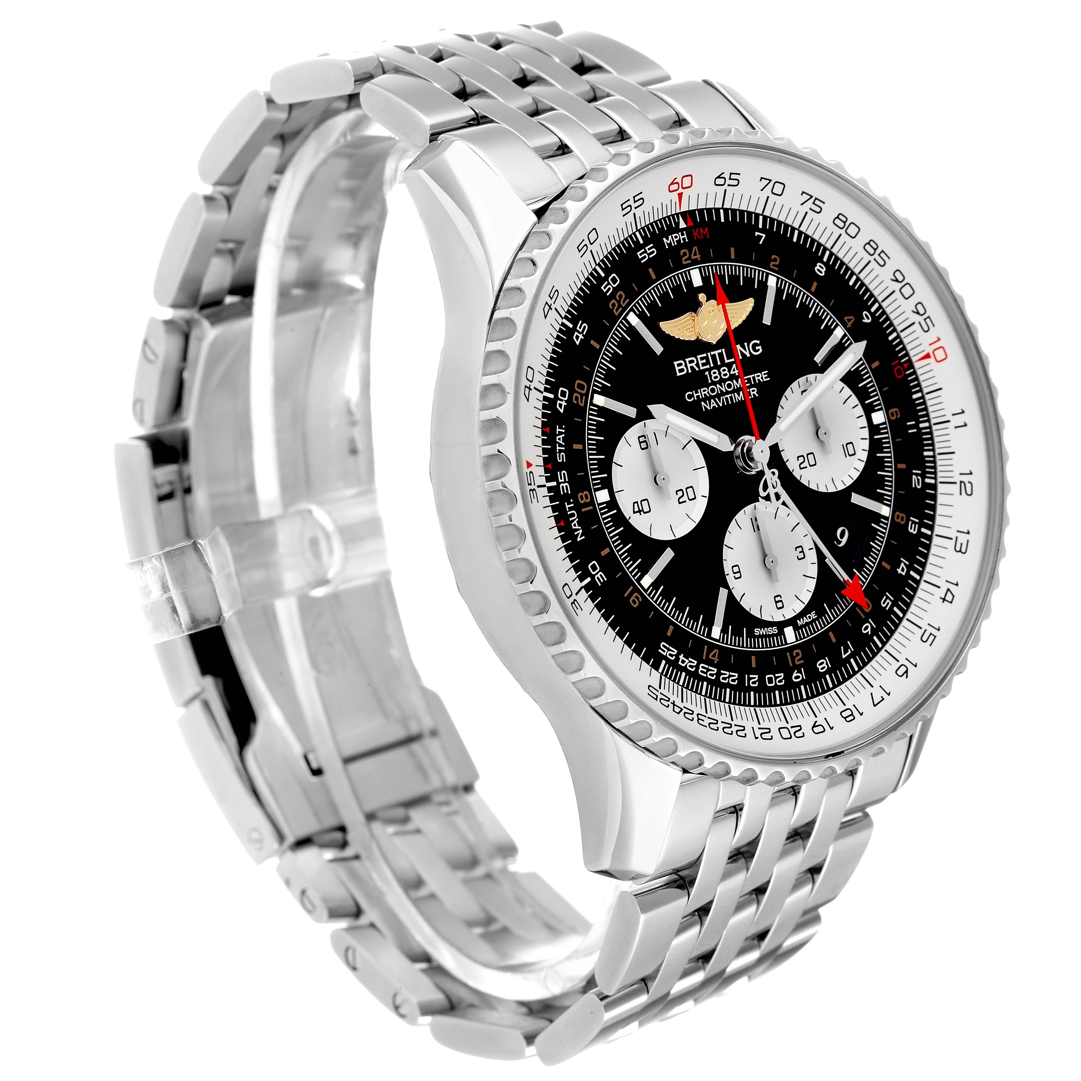 The Breitling Navitimer AB044121/BD24 Men
s Stainless Steel Black Dial AB044121/BD24 Men
s Stainless Steel Black Dial watch is shown at an angled side view, highlighting its bezel, dial, and metal bracelet.