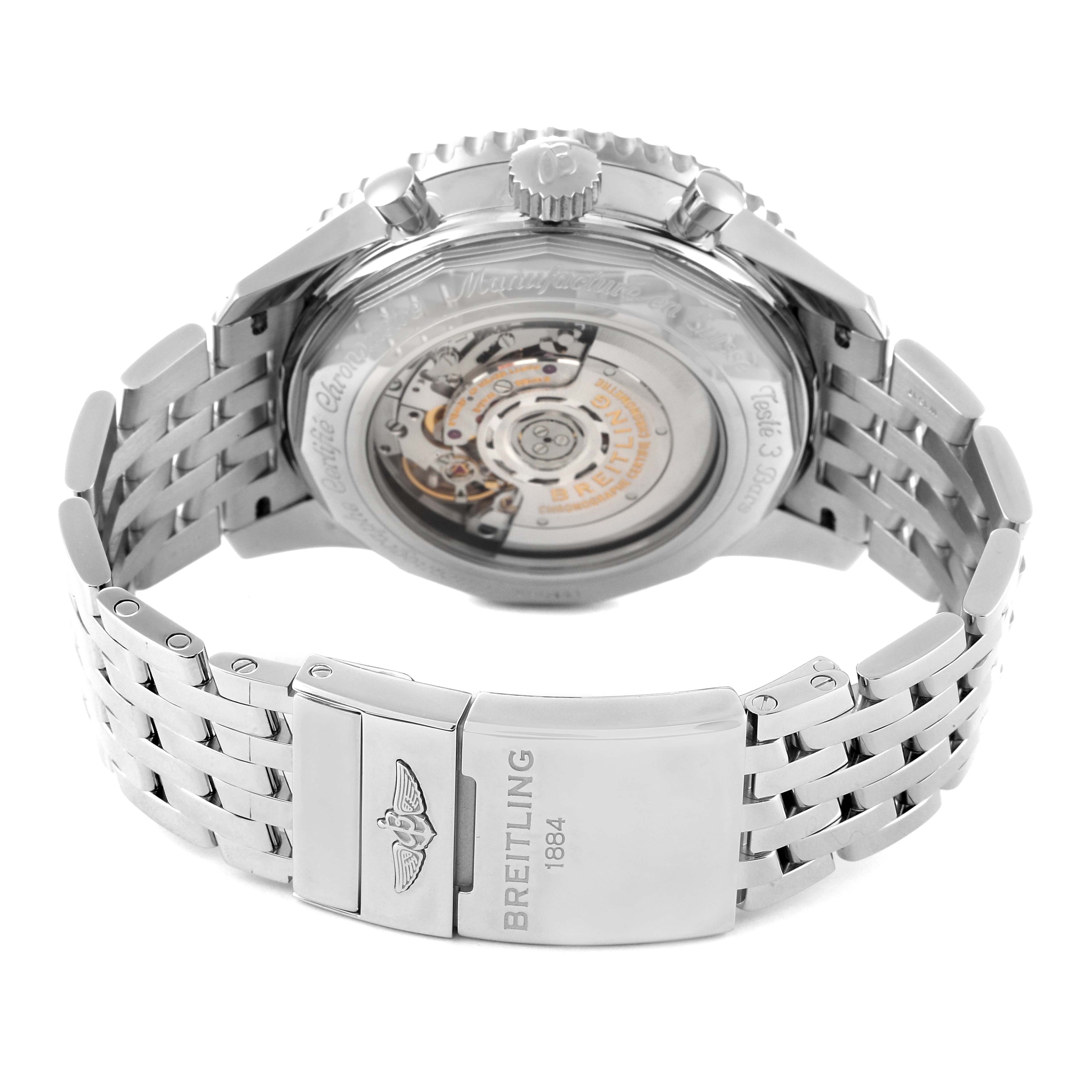 The image shows a rear view of the Breitling Navitimer AB044121/BD24 Men
s Stainless Steel Black Dial AB044121/BD24 Men
s Stainless Steel Black Dial watch with its bracelet and exhibition case back.