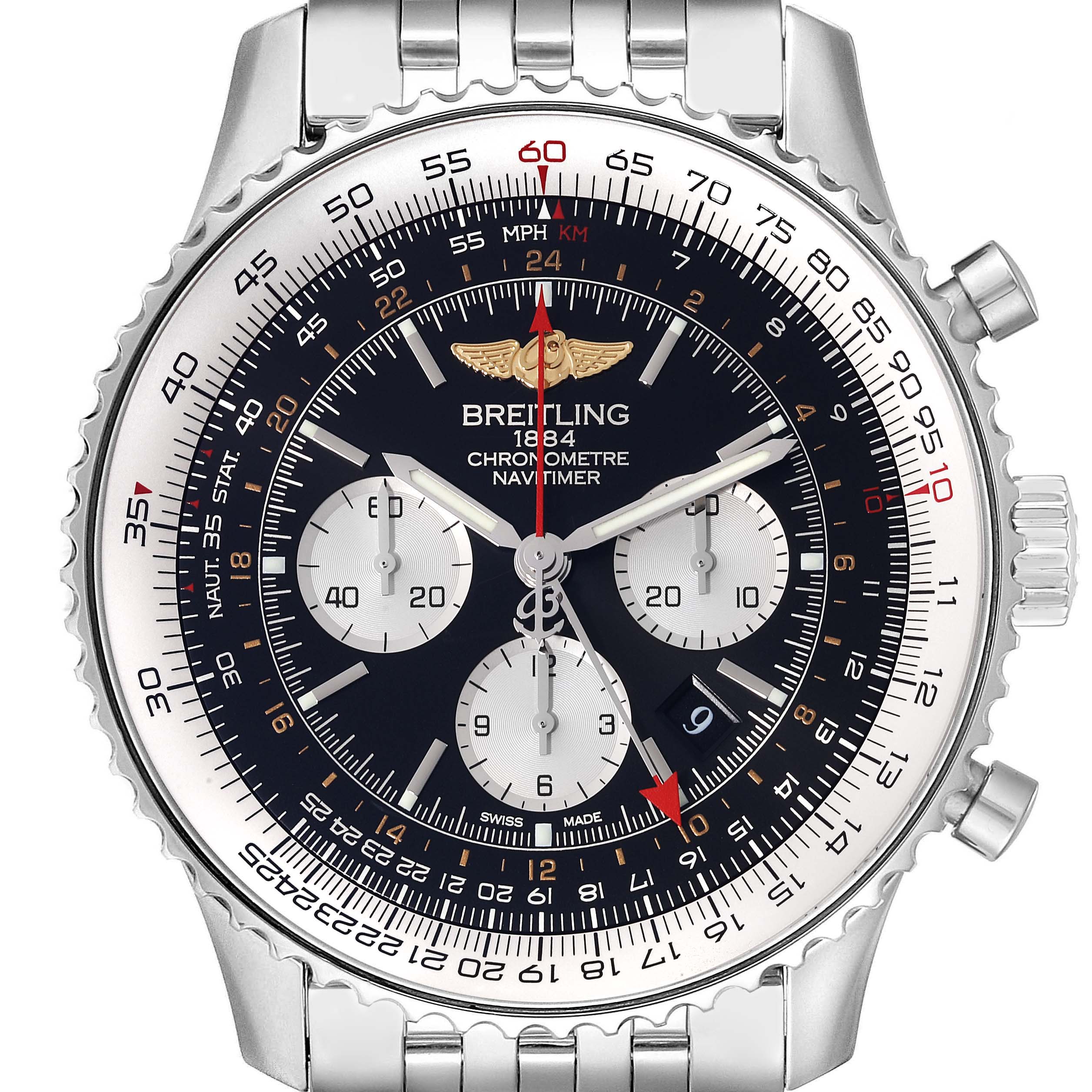 The image shows a front view of the Breitling Navitimer AB044121/BD24 Men
s Stainless Steel Black Dial AB044121/BD24 Men
s Stainless Steel Black Dial watch, highlighting its dial, chronograph sub-dials, bezel, and stainless steel bracelet.