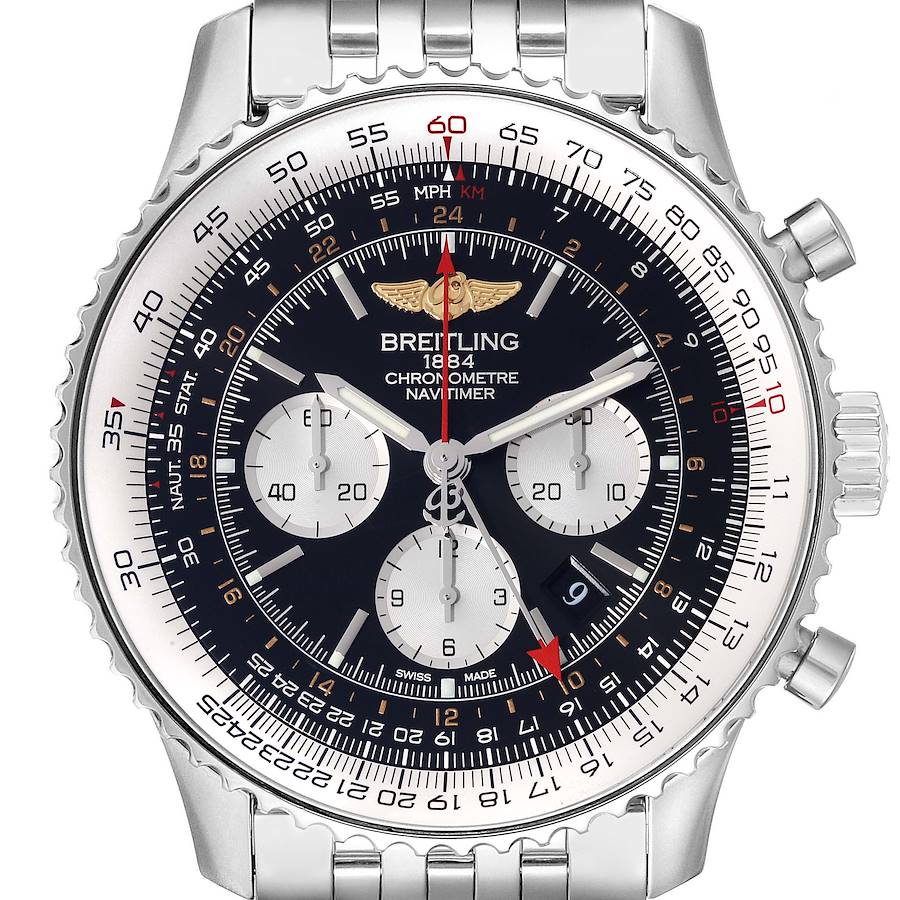 Breitling Navitimer GMT 48mm Black Dial Steel Mens Watch AB0441 Box Card SwissWatchExpo