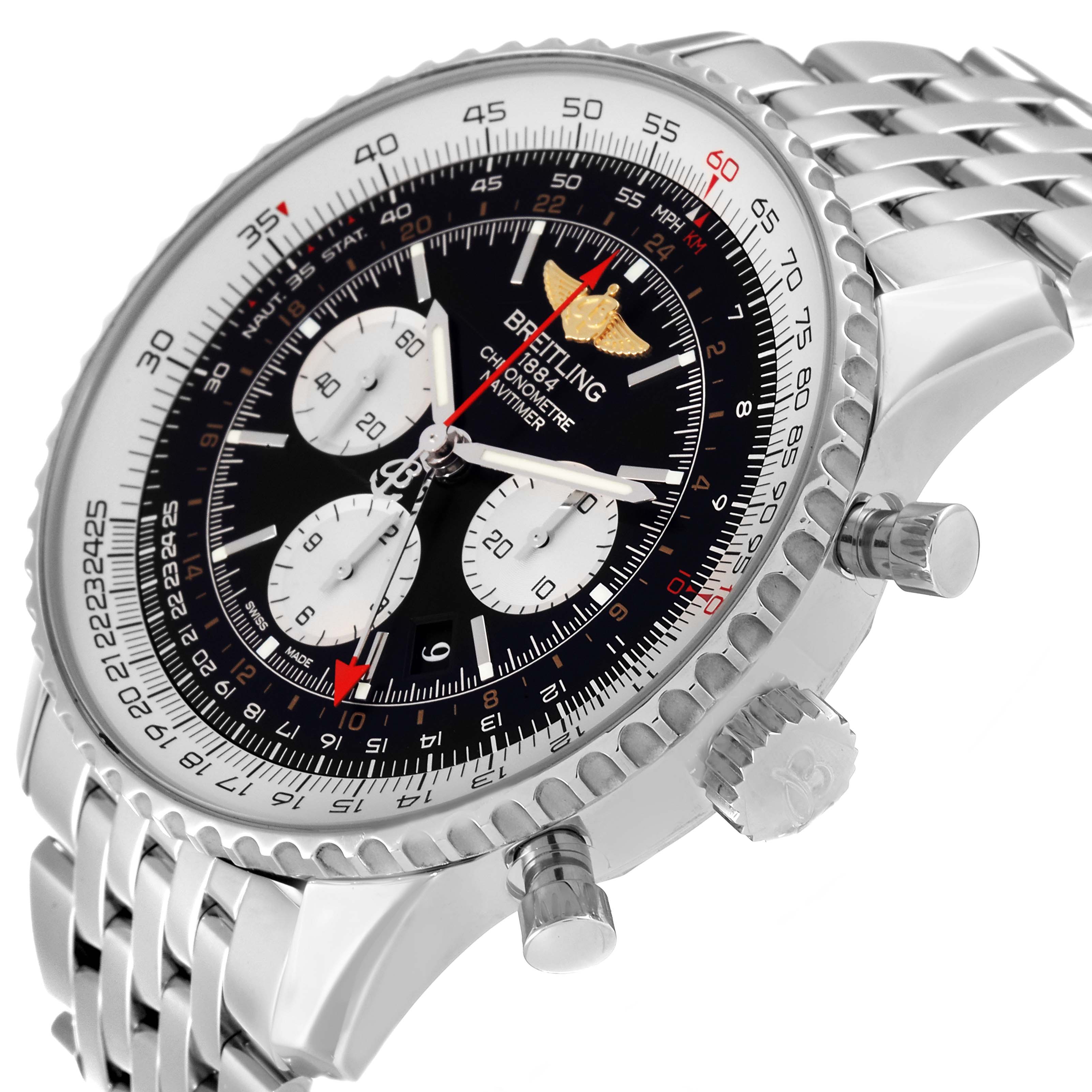 The image shows a close-up, angled view of the Breitling Navitimer AB044121/BD24 Men
s Stainless Steel Black Dial AB044121/BD24 Men
s Stainless Steel Black Dial watch, focusing on the dial, bezel, pushers, and part of the stainless steel bracelet.