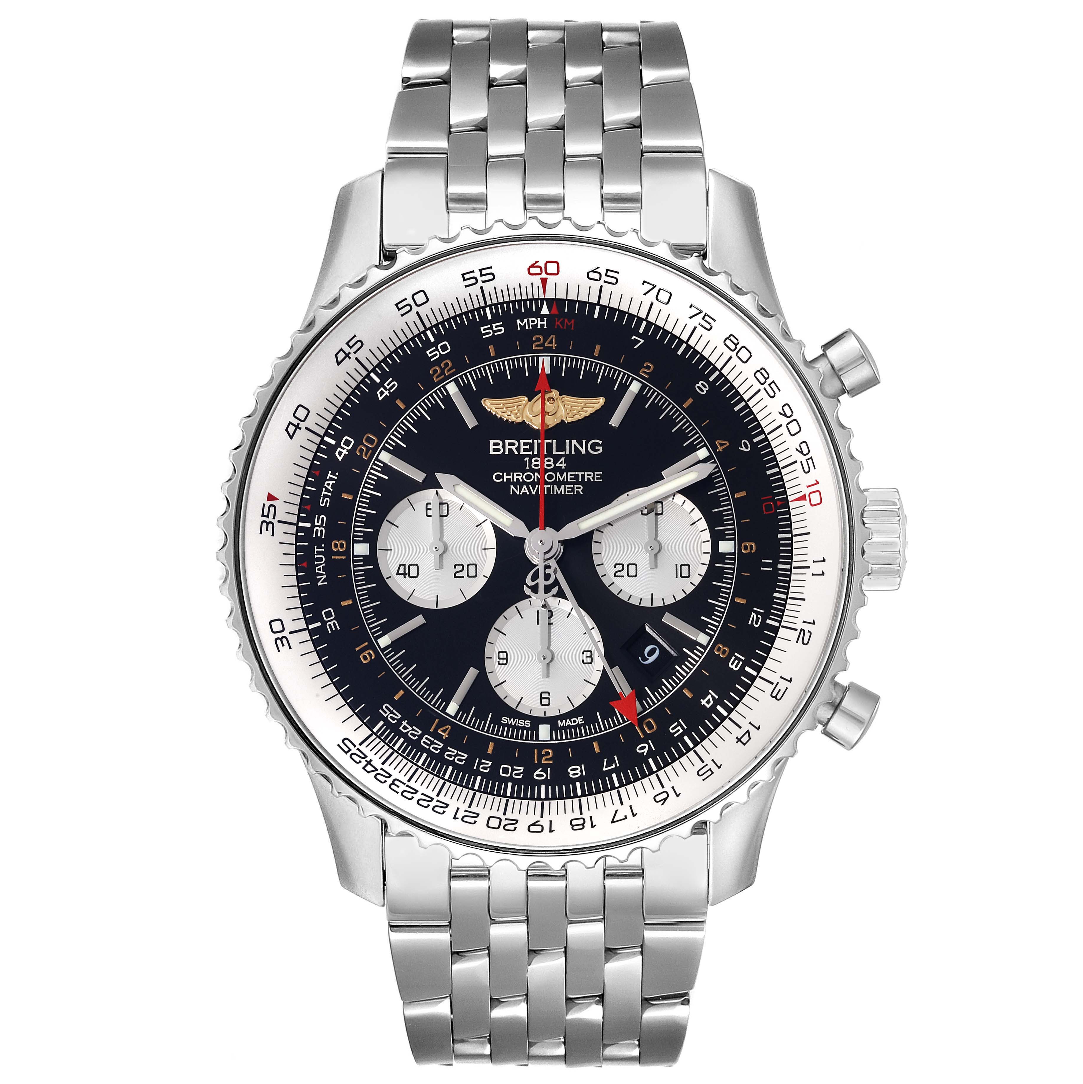 This image shows a front view of a Breitling Navitimer AB044121/BD24 Men
s Stainless Steel Black Dial AB044121/BD24 Men
s Stainless Steel Black Dial watch, displaying its dial, bezel, and metal bracelet.