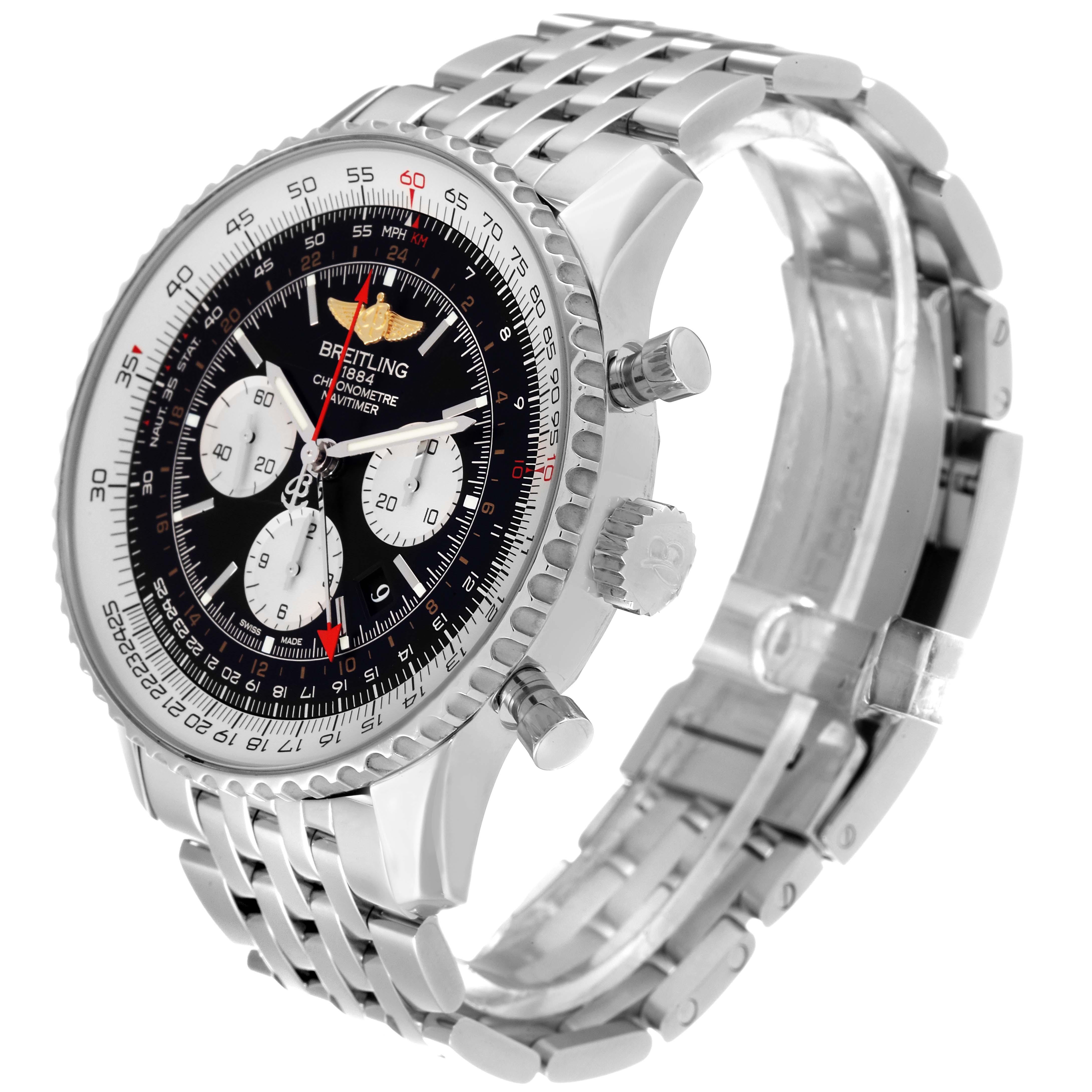 The image shows a side angle view of a Breitling Navitimer AB044121/BD24 Men
s Stainless Steel Black Dial AB044121/BD24 Men
s Stainless Steel Black Dial watch, highlighting the face, bezel, crown, pushers, and metal bracelet.