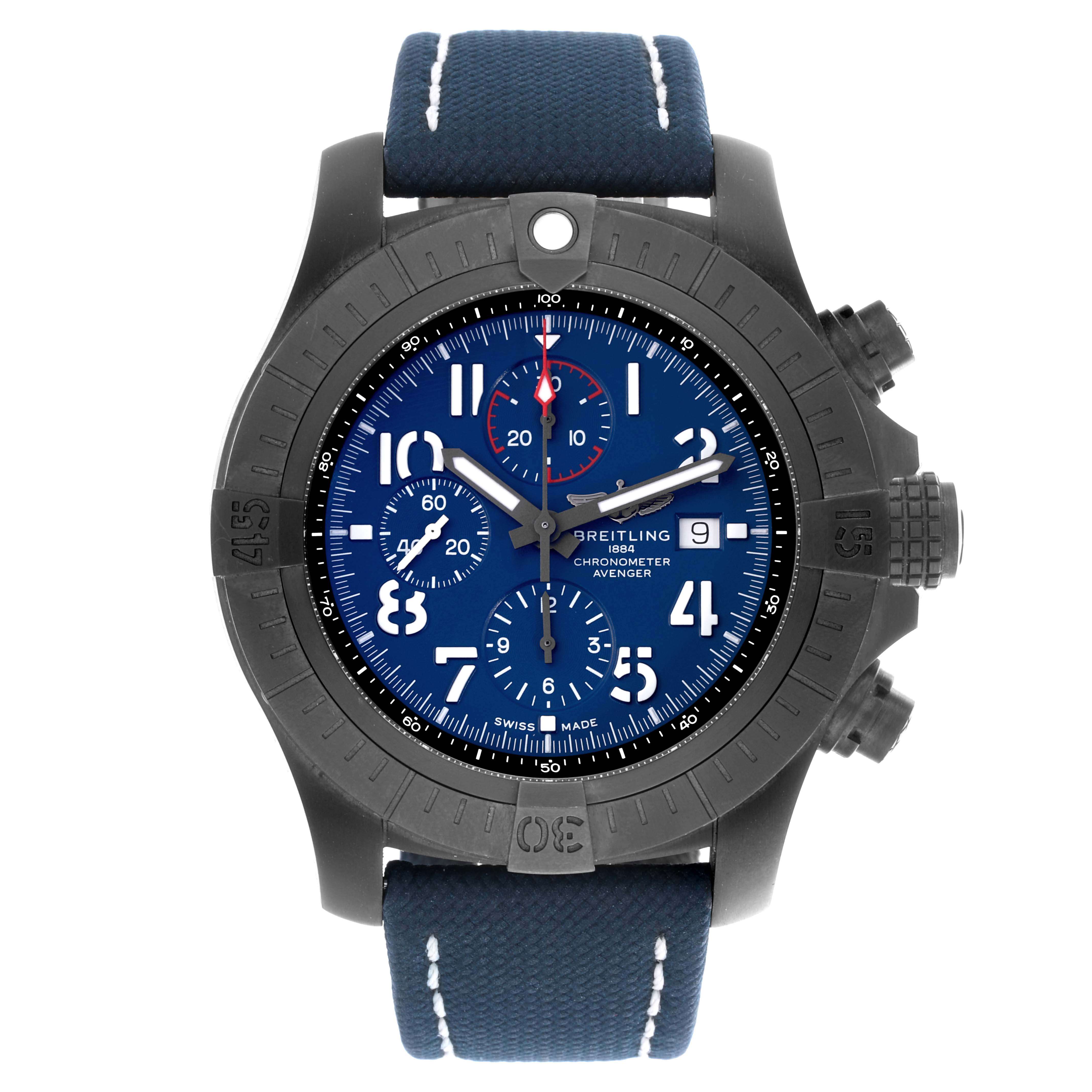 The Breitling Avenger V13375101C1X1 Men's Titanium Blue Dial V13375101C1X1 Men's Titanium Blue Dial watch is shown from the front, displaying the dial, bezel, and strap clearly.