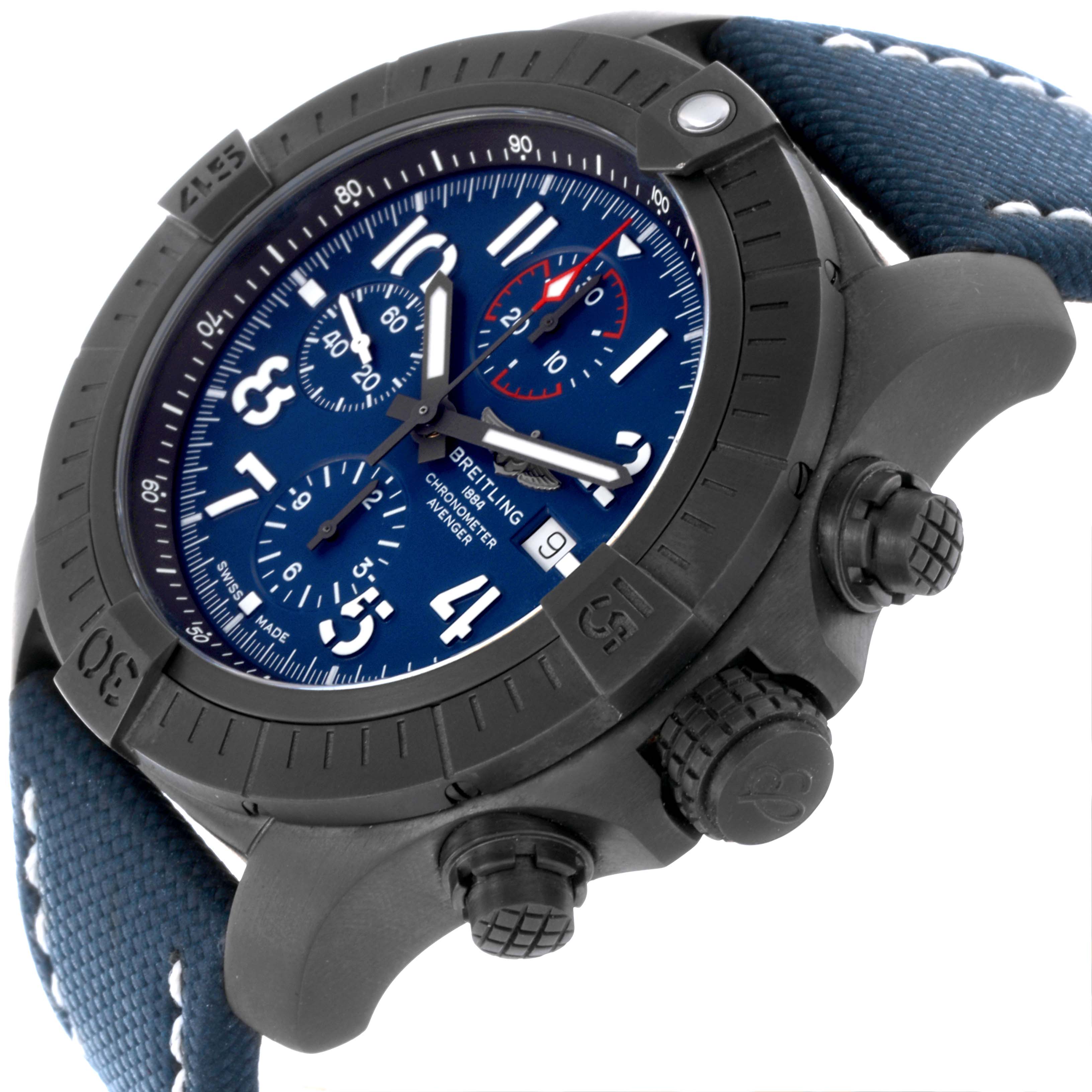 The Breitling Avenger V13375101C1X1 Men's Titanium Blue Dial V13375101C1X1 Men's Titanium Blue Dial watch is shown from a three-quarter angle, highlighting the bezel, dial, crown, pushers, and blue strap.
